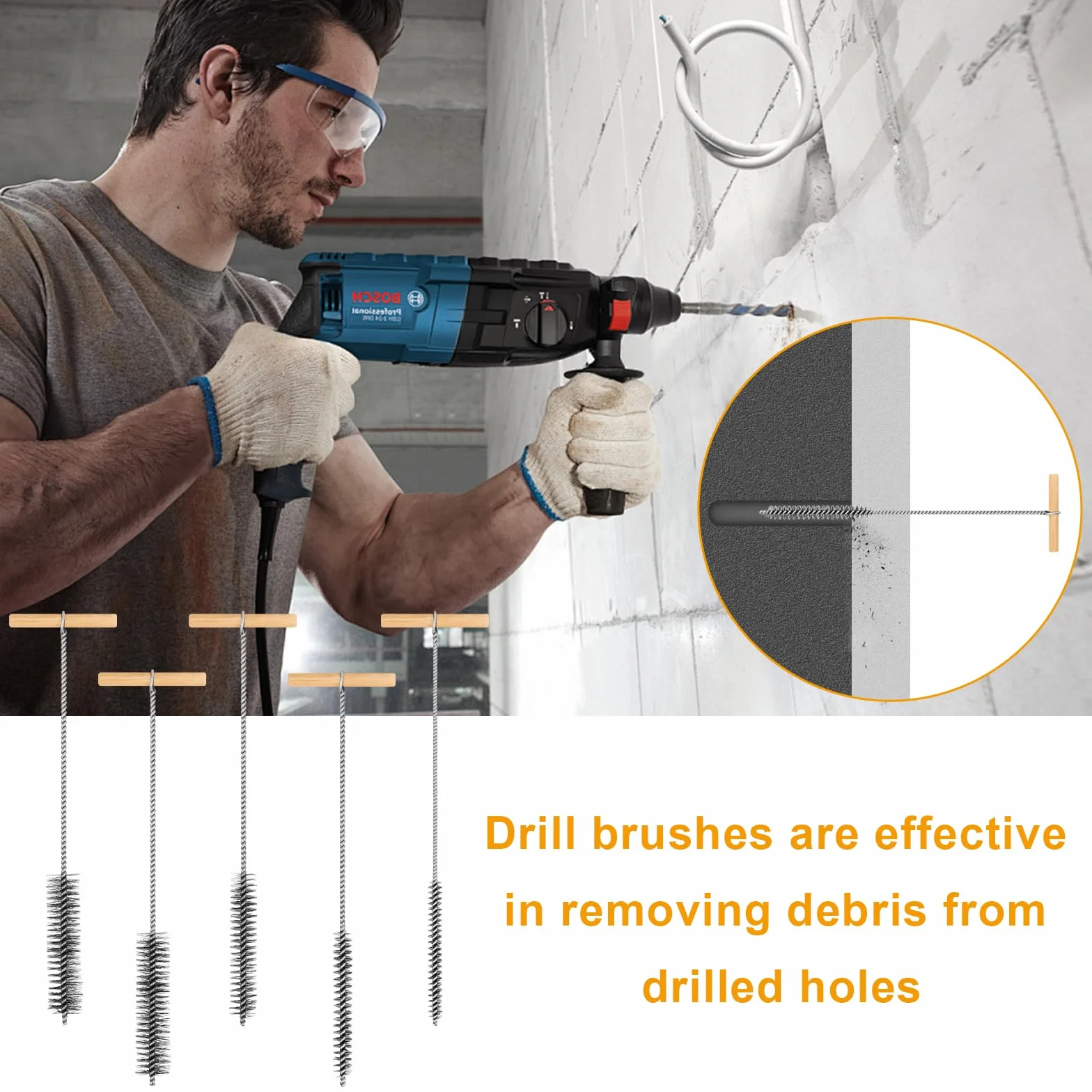 Zestaw 5 szczotek do otworów, 8 mm/12 mm/16 mm/20 mm/25 mm, szczotka do rur z uchwytem T, okrągła szczotka do czyszczenia otworów, szczotka do czyszczenia rur do wiertarek udarowych, efektywne