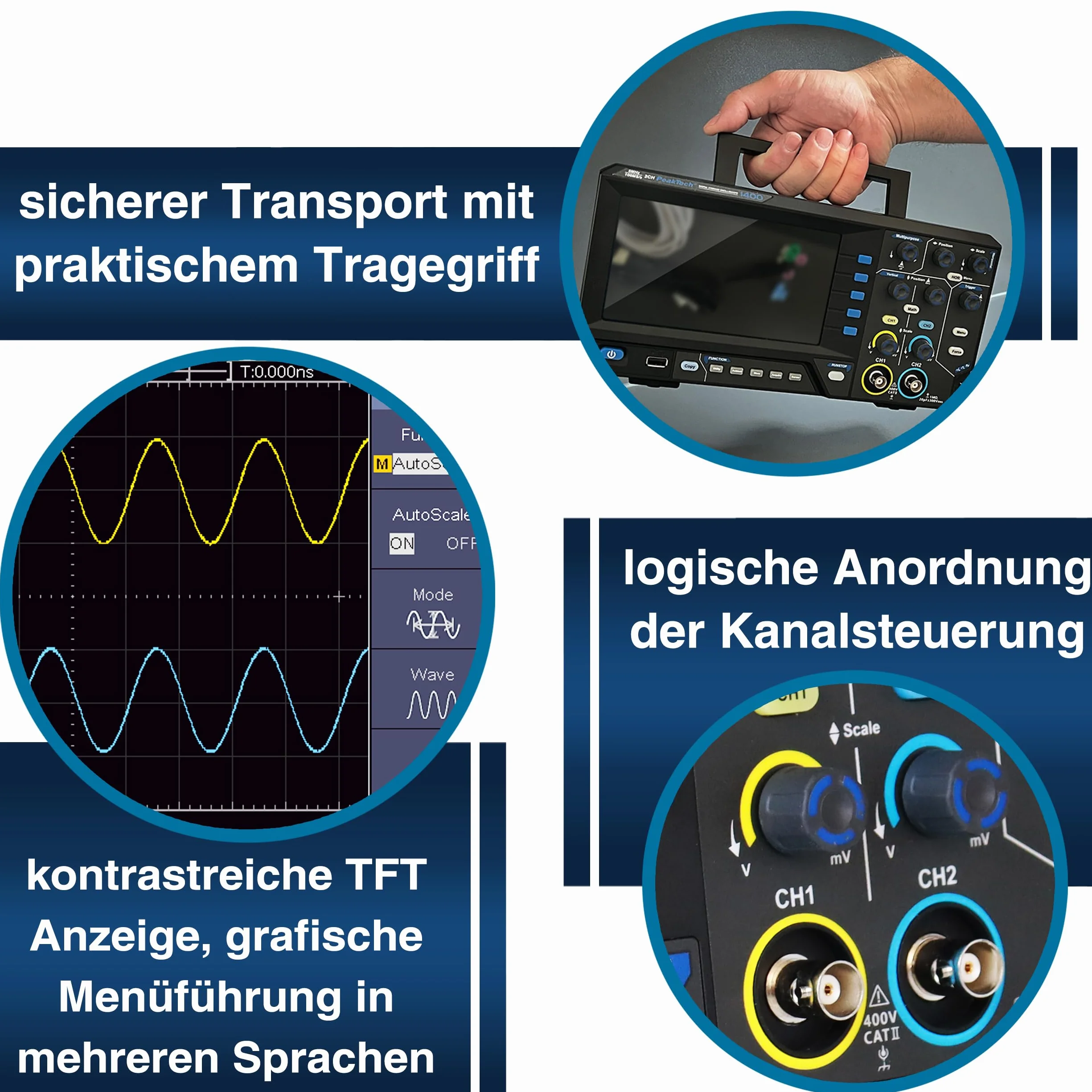 PeakTech 1400 - Kompaktowy oscyloskop cyfrowy, 2-kanałowy, Oscyloskop, szerokość pasma 5 MHz, szybka częstotliwość próbkowania 100 MS/s, złącze USB, w zestawie oprogramowanie PC, wyświetlanie XY i