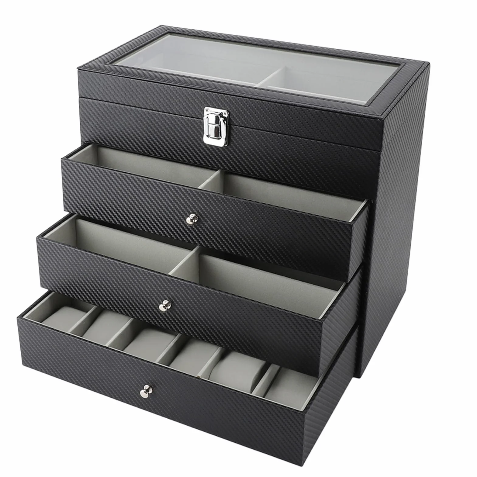 Etui na Okulary, 4 Poziomy, 27 Przegródek Organizer na Okulary Przeciwsłoneczne, Szare Aksamitne Pudełko z Włókna Węglowego PU do Przechowywania Zegarków z wkładką, Idealne do Domu i Sklepu