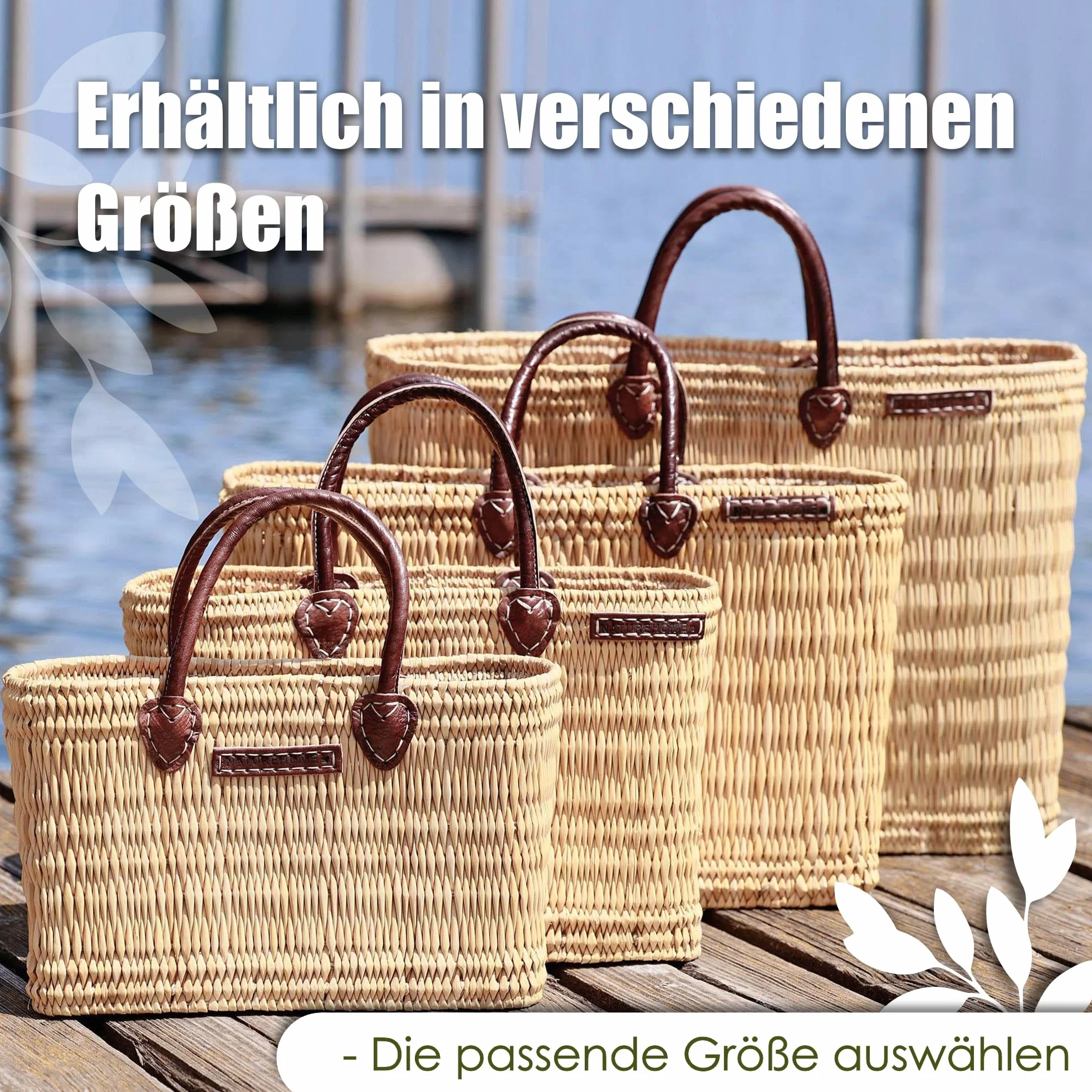 NATUREHOME Ręcznie plecione torby z trzciny i liści palmowych torba beachbag ze skórzanymi uchwytami naturalna torba łazienkowa, naturalny, Schilfrohrkorb M