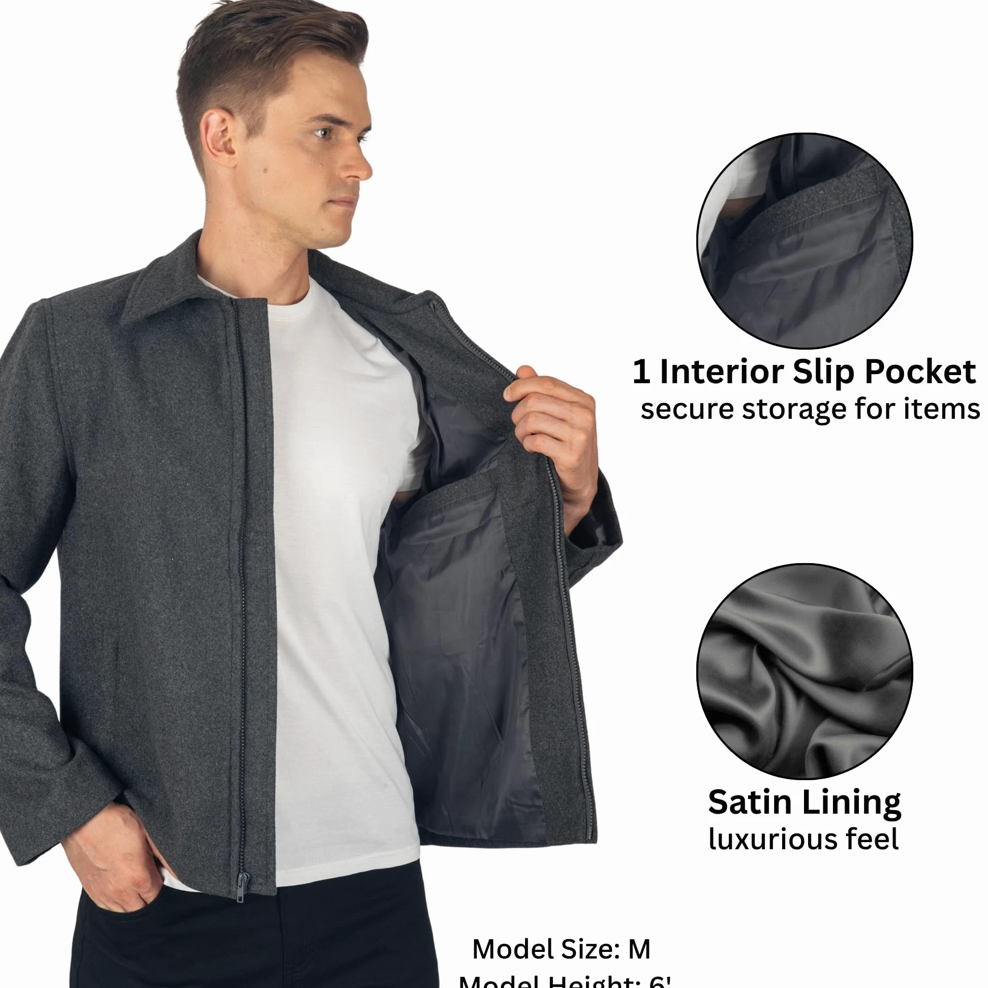 Alpine Swiss Grant męska kurtka wełniana – 71 cm James Dean Style Bomber z kieszeniami zapinanymi na zamek błyskawiczny
