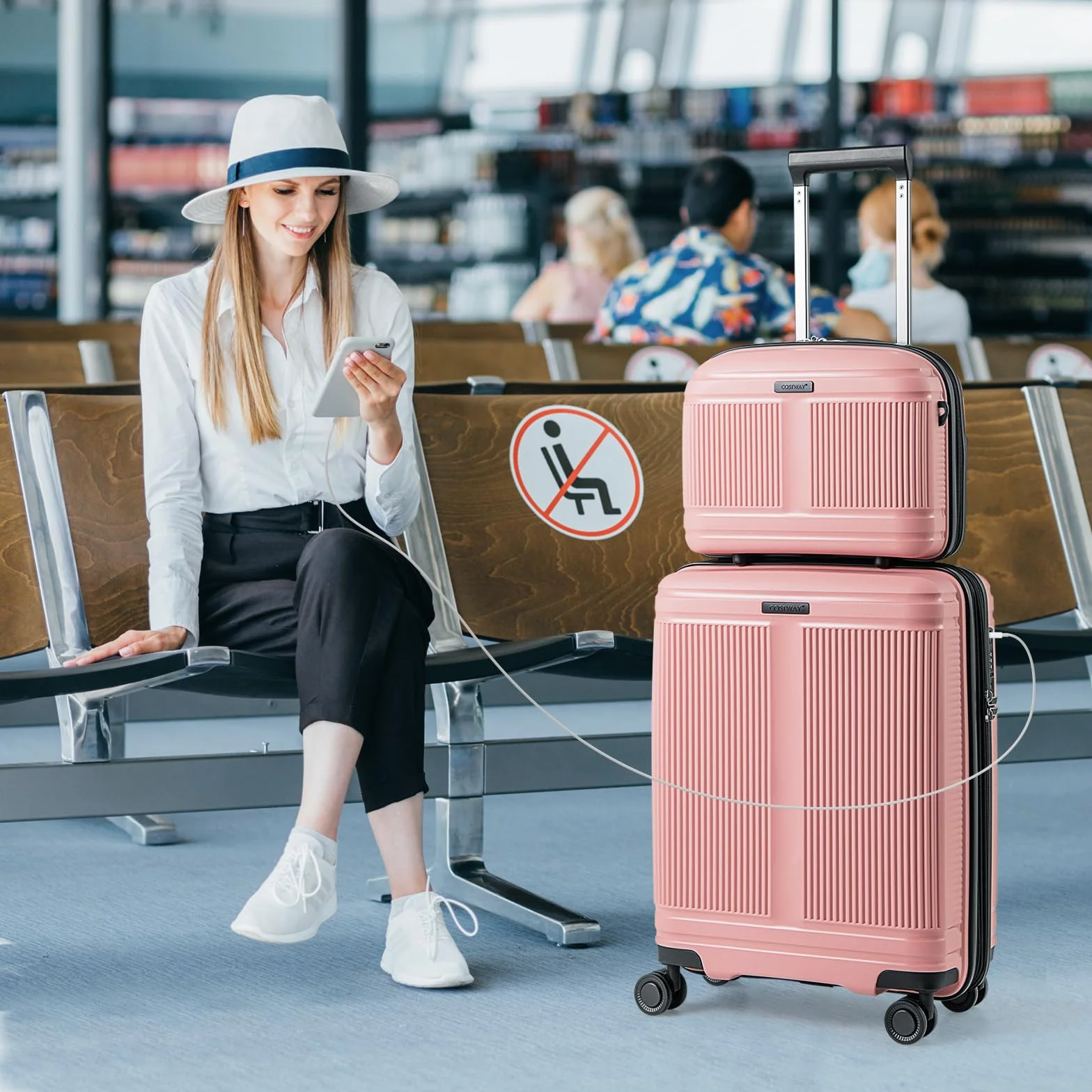 COSTWAY Zestaw bagażu 2-częściowy walizka podręczna 14" z zamkiem TSA port USB różowy 14" + 20"