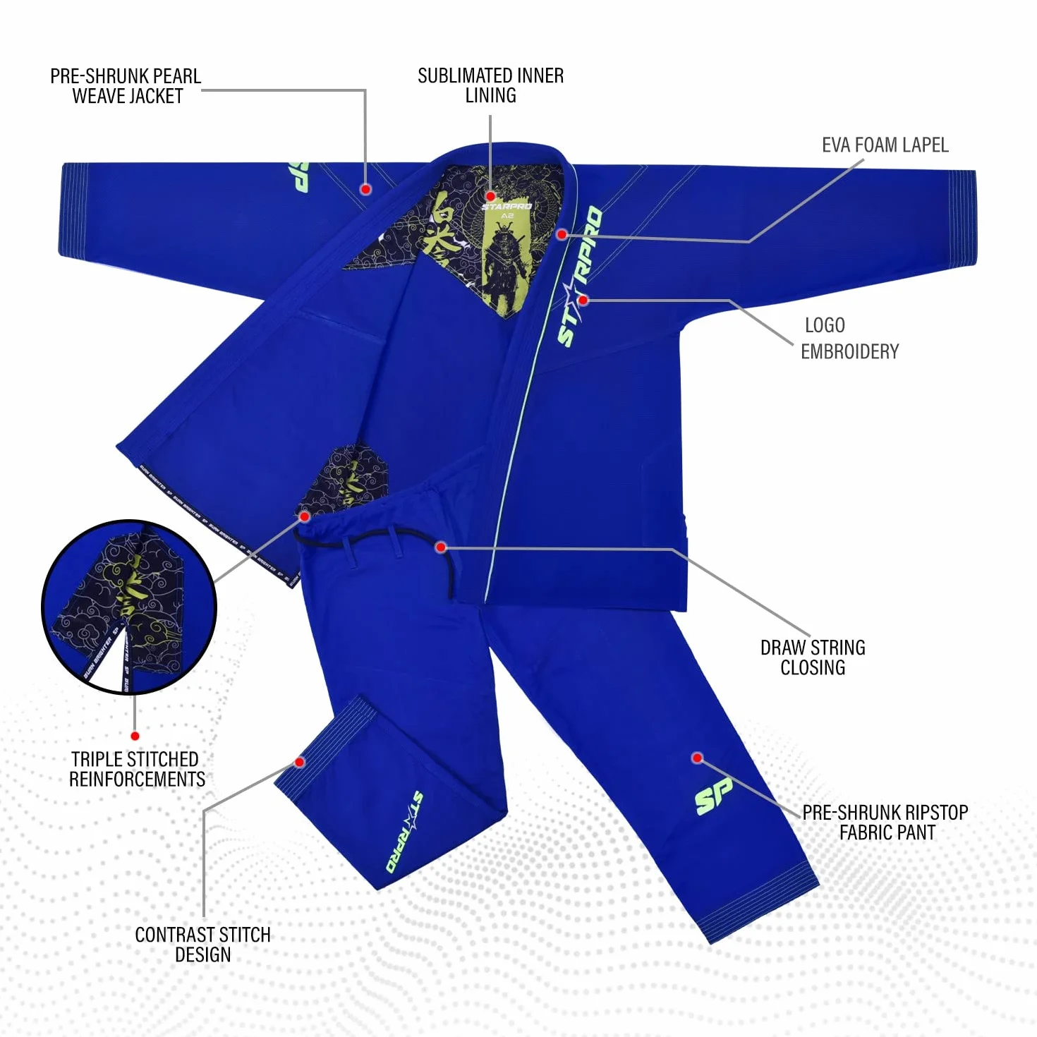 Starpro Ronin BJJ Gi 355 g - mieszanka bawełny Power - biały i czarny - Preshrunk Professional Martial Arts kimono do treningu i zawodów - dla mężczyzn i kobiet, niebieski, A5