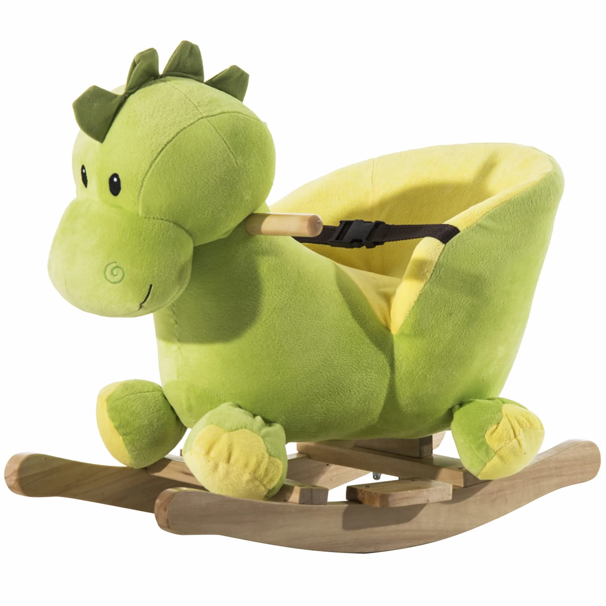 HOMCOM Zabawka bujana dinozaur pas bezpieczeństwa efekt dźwiękowy 32 piosenki Wood Plush Green