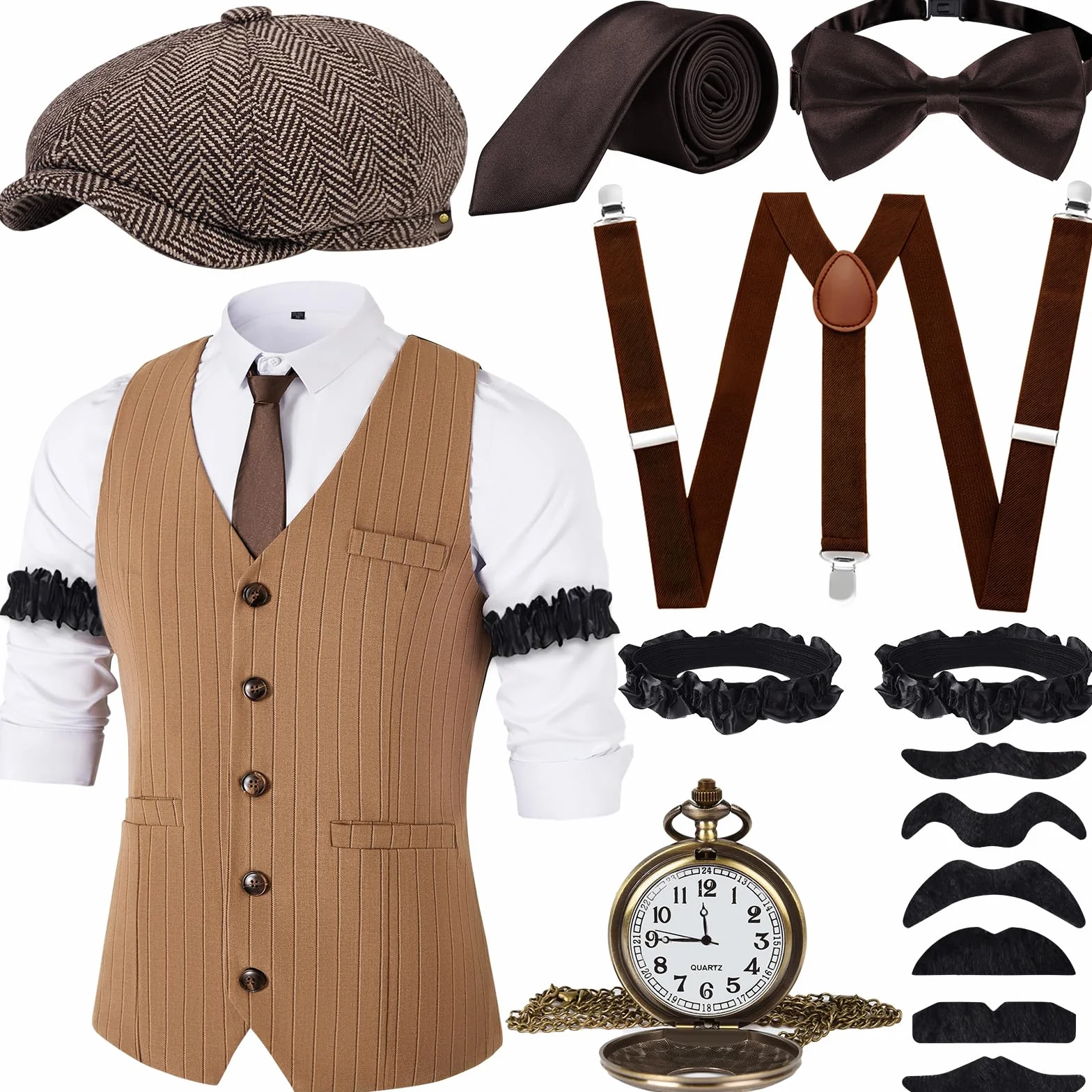 JONRRYIN Kostium męski z lat 20 Dla mężczyzn 20s Mens Costume Accessories (14 w zestawie)