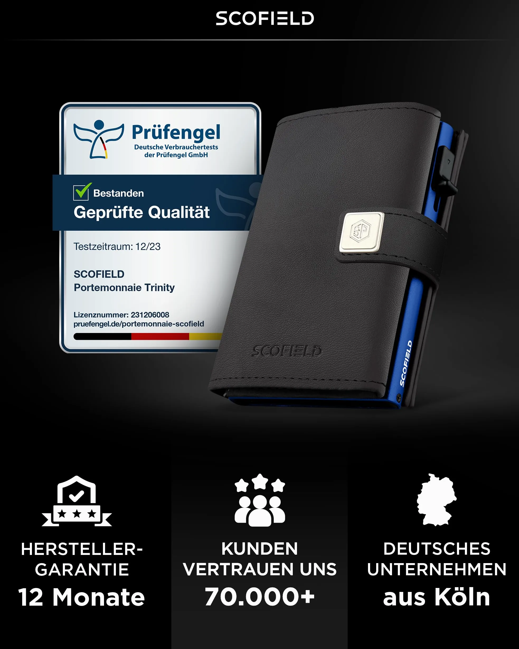 SF SCOFIELD Trinity wąski portfel z przegródką na monety, wysokiej jakości etui na karty kredytowe na 10-12 kart, ochrona RFID, portfele dla mężczyzn, inteligentny portfel, Münzfach Max