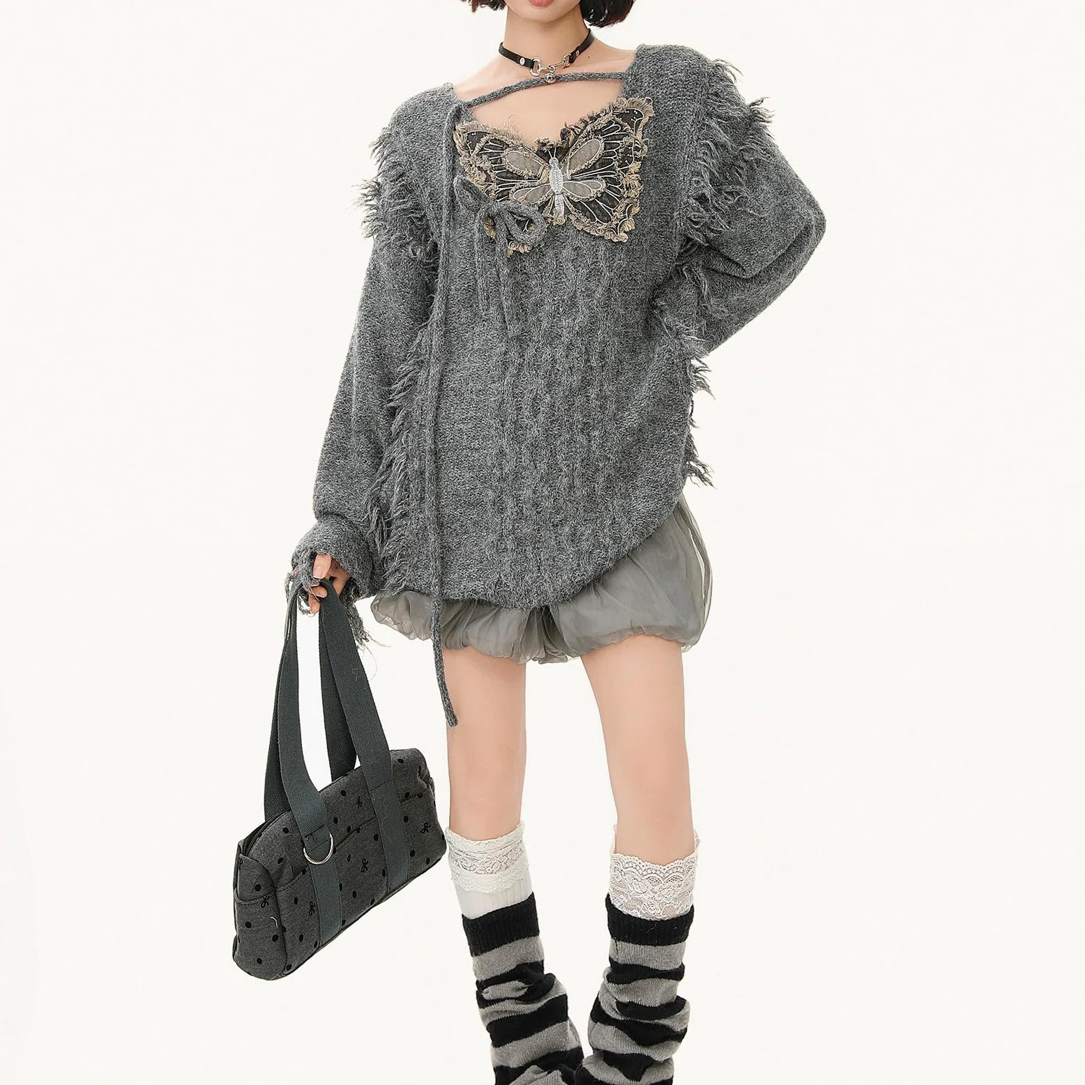 Damski sweter oversize z dzianiny z motywem motyla, postrzępione brzegi, frędzle, top Y2K w stylu punk