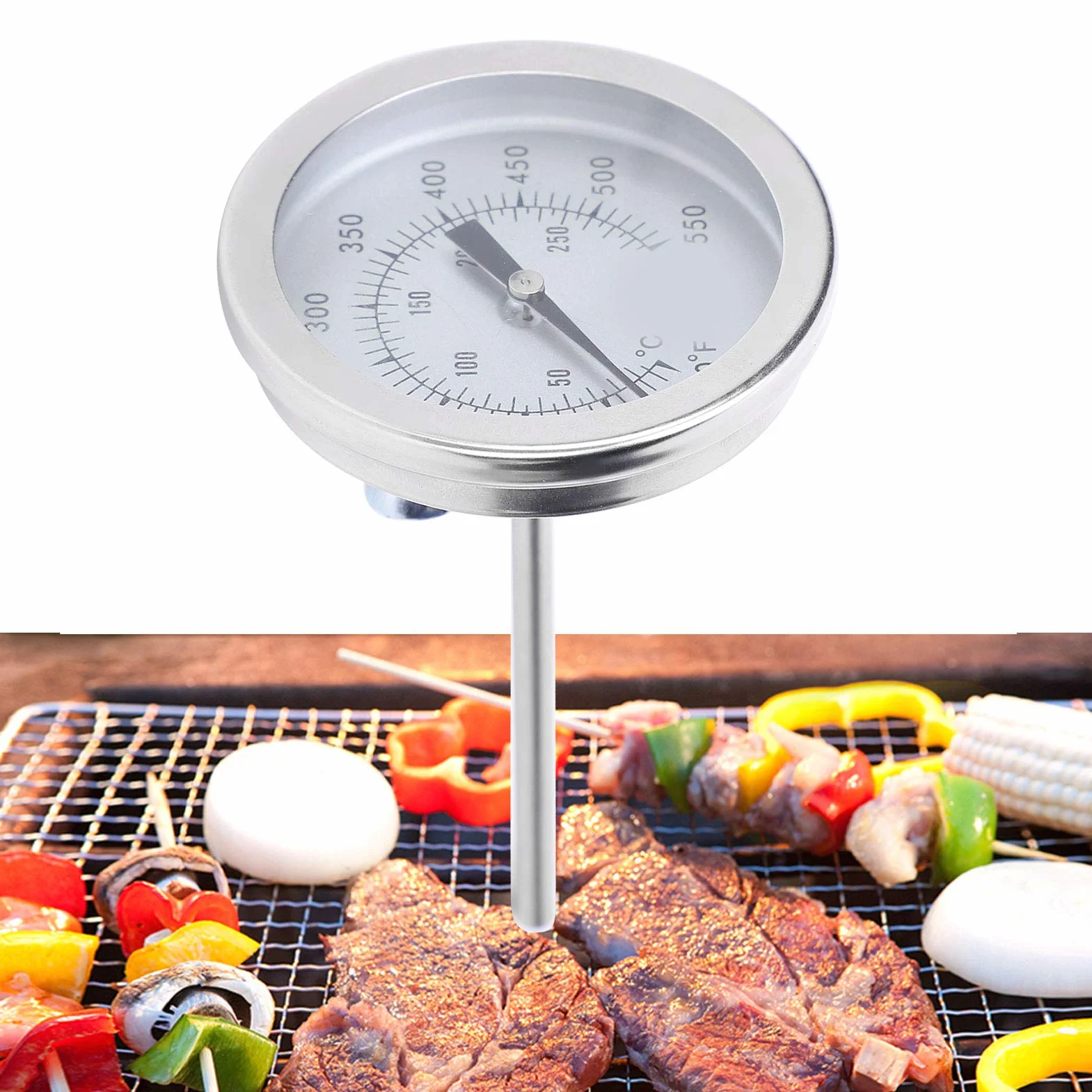 Termometr bimetaliczny grillowy 50-550°F, wskaźnik temperatury ze stali nierdzewnej, gwint 5/16 UNC, do grilla, pieca i pieczenia