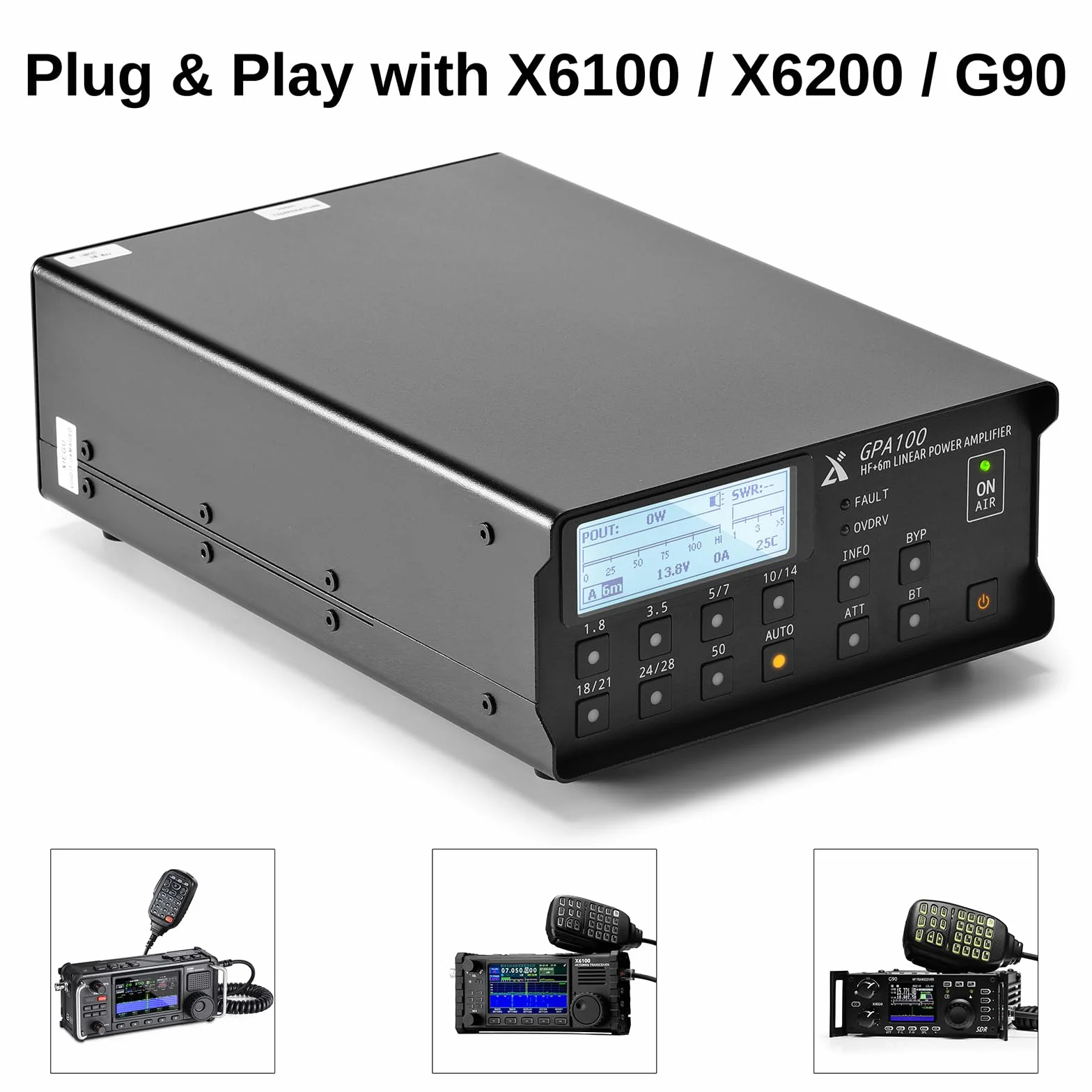Xiegu GPA100 100 W HF/6 m Wzmacniacz liniowy półprzewodnikowy do radiotelefonów amatorskich QRP, bezprzewodowe sterowanie pasmem Bluetooth dla IC-705, 7-pasmowy wzmacniacz HF, dla G90/X6100/X6200