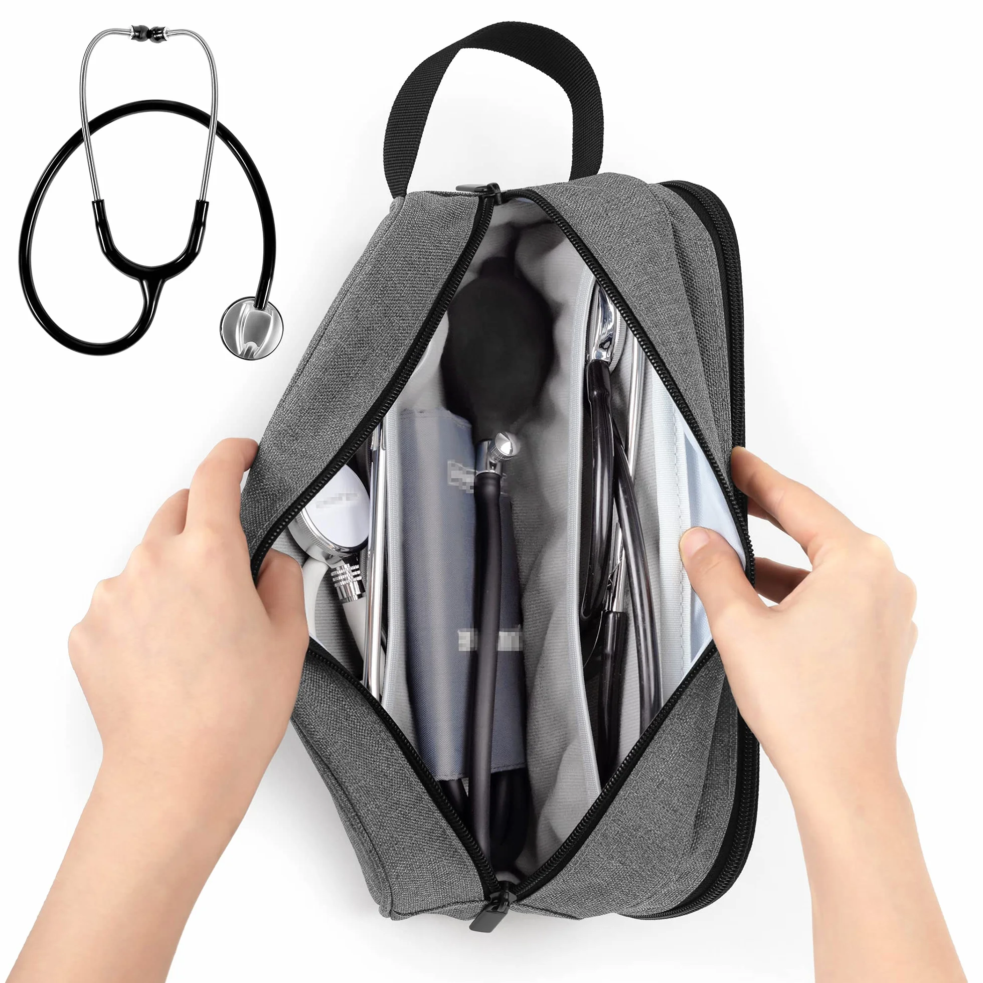 Trunab Stetoskop torba do noszenia kompatybilna z 3M Littmann/MDF/ADC, trzymająca dwa stetoskopy lub mankiety BP, medyczna obudowa z dodatkową kieszenią na akcesoria dla pielęgniarek, niezbędne akcesoria dla pielęgniarek, lekarzy, szary