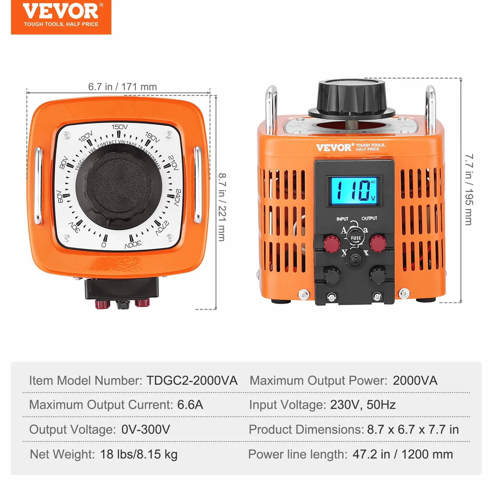 VEVOR Transformator nastawczy 2000 VA o zmiennym napięciu, 6,6 A, wejście 230 V, wyjście 0-300 V, regulator napięcia zmiennego, z wyświetlaczem LCD, 4 dodatkowe bezpieczniki, do domu, przemysłu, biura
