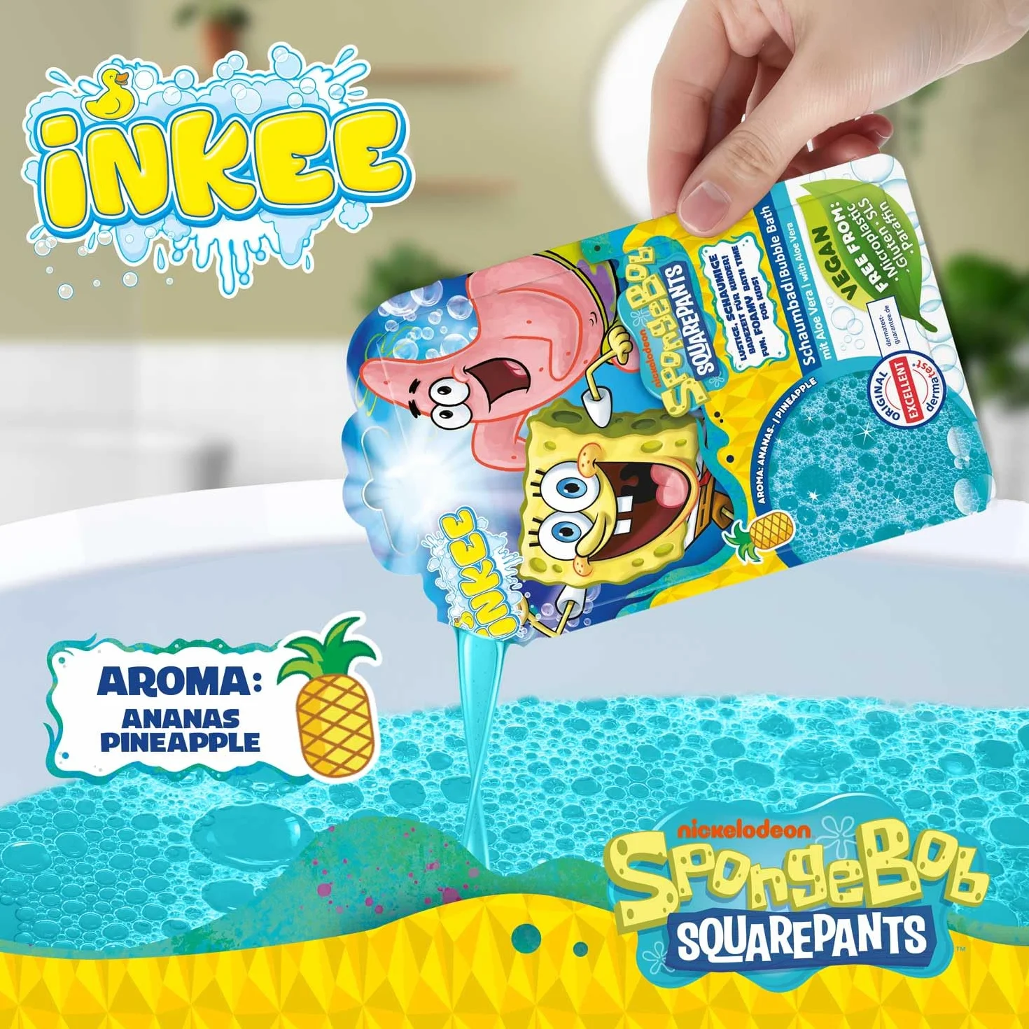 INKEE Płynna Pianka do Kąpieli SpongeBob | Niebieski Płyn do Kąpieli dla Dzieci z Olejem Migdałowym i Aromatem Ananasa, 40g