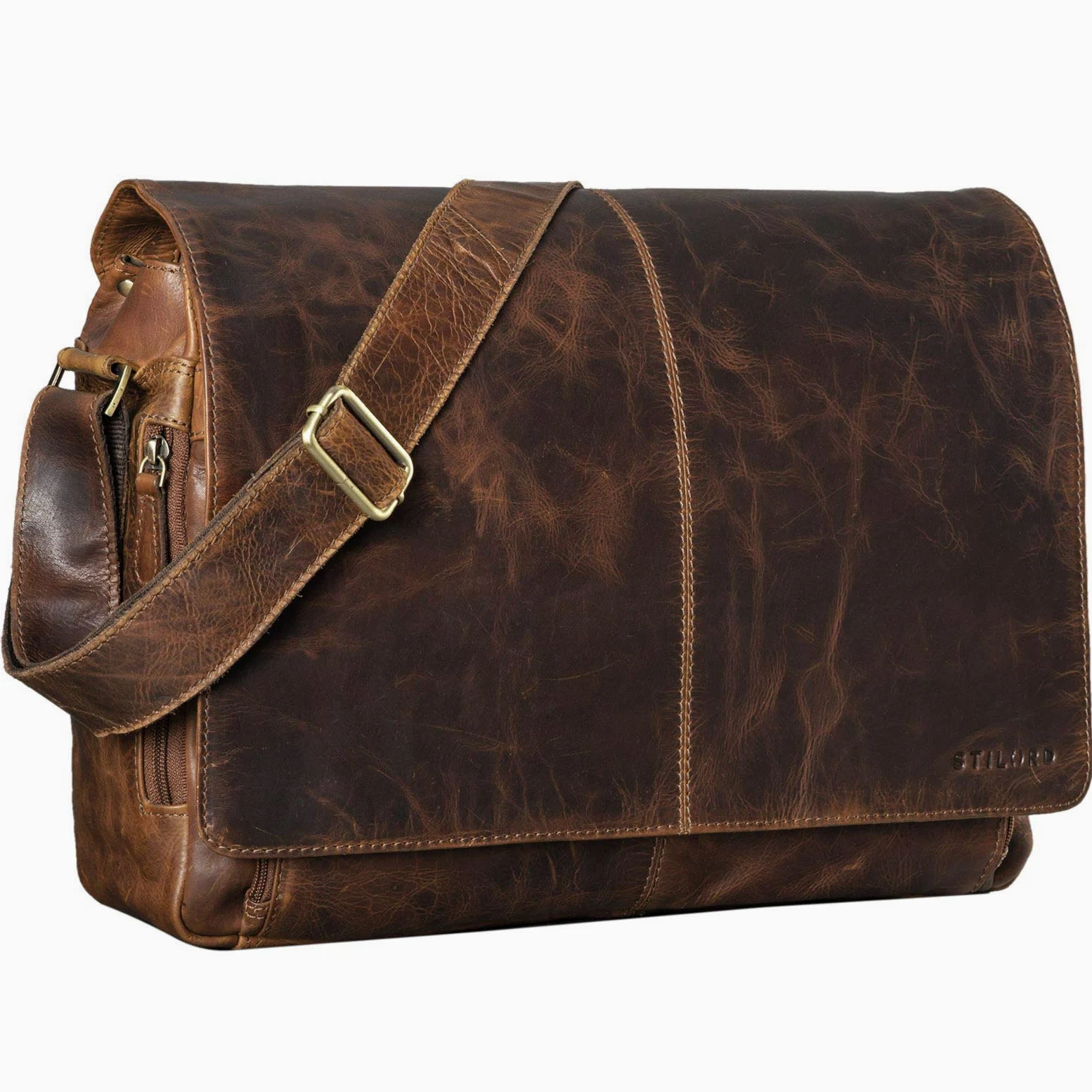 STILORD "Alex" Vintage skórzana torba męska damska torba biznesowa do noszenia 15,6 calowej torby na laptopa teczka jednostka torba na ramię skórzana torba Kolor:koniakowy brąz
