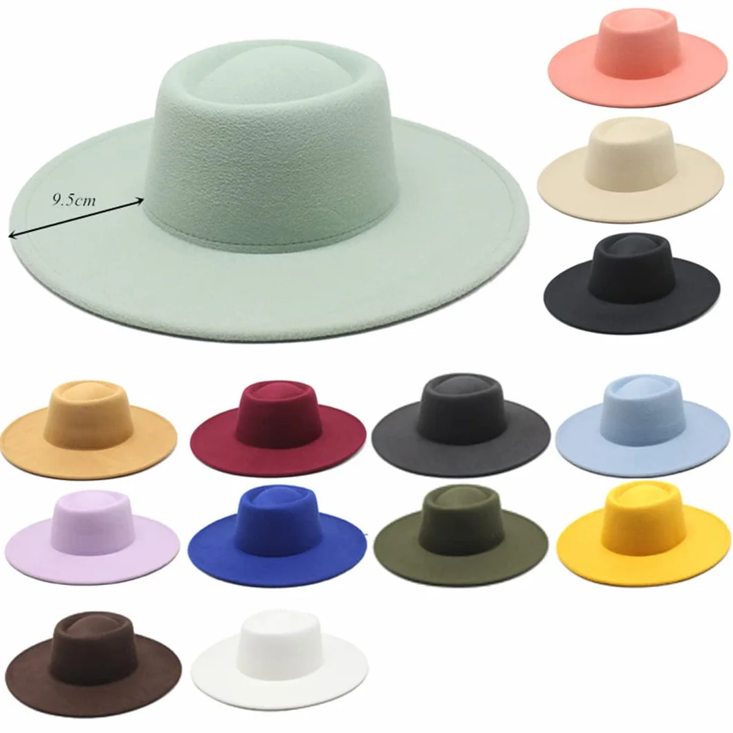Klasyczny brytyjski styl 9,5 cm duży szeroki rondo kapelusz fedora dla kobiet jesień zima filcowe kapelusze kościelne