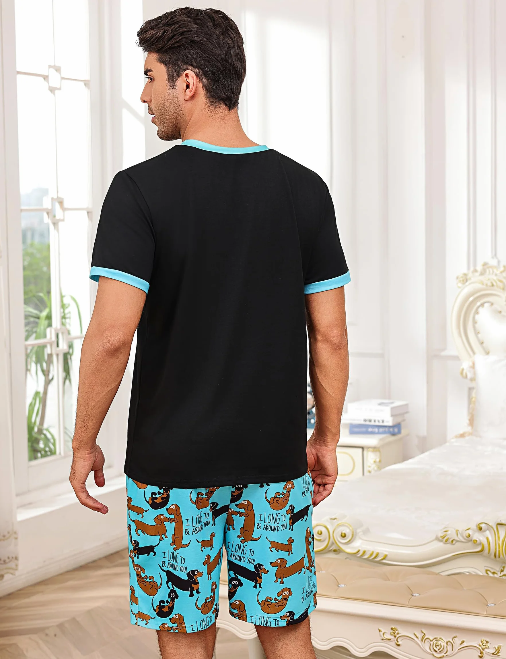 Demegimi Męska piżama bawełniana krótka zabawny pies duckelhund t-shirt spodnie piżamowe