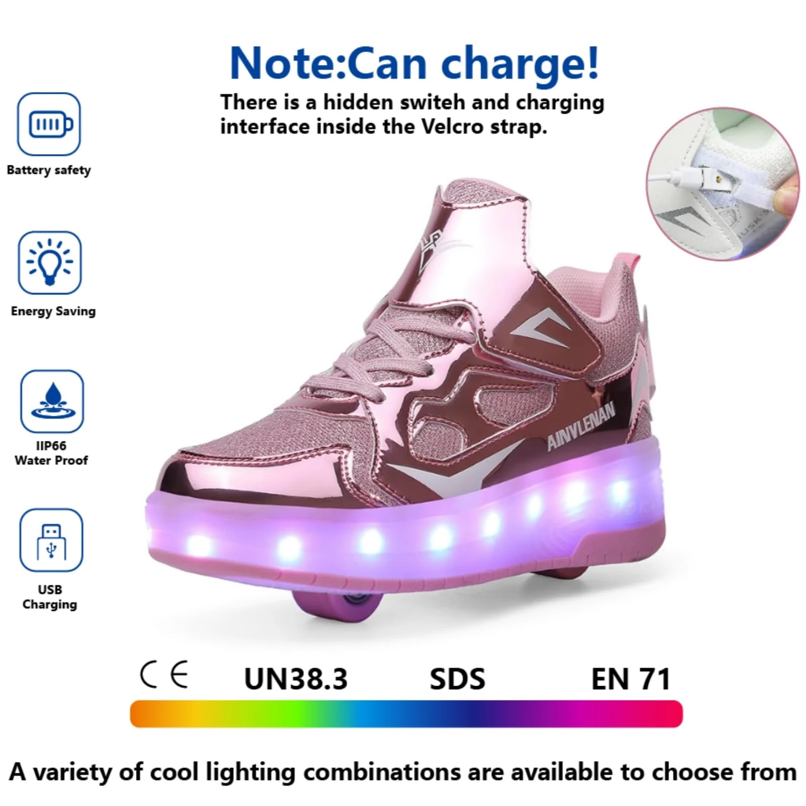 Dziecięce sneakersy, 2-wiel skateboard schoenen, verstelbaar kleurveranderend licht, USB-oplaadbaar, universeel voor jongens en meisjes, zwart, roze, goud, zilver, maat 27-40 EU