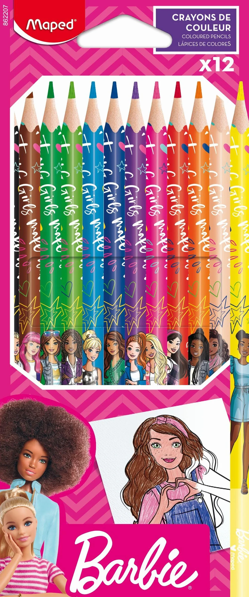 Maped - 12 kredek Barbie - Kredki do kolorowania z żywicy - Kredki do kolorowania dzieci - Trwałe ołówki - Ergonomiczny trójkątny kształt
