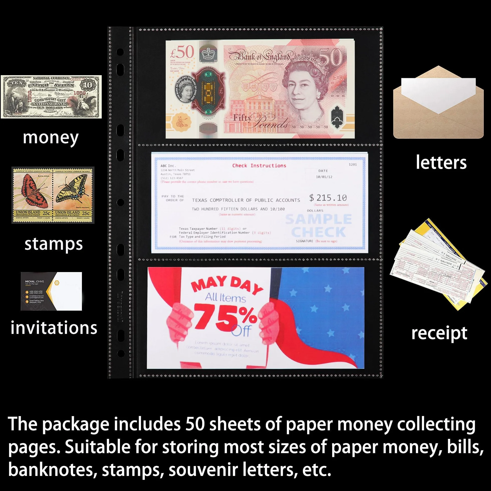 150 koszulek na strony banknotów archiwalnych – 50 arkuszy bezkwasowych etui ochronne na banknoty, znaczki pocztowe, kupony IN02050