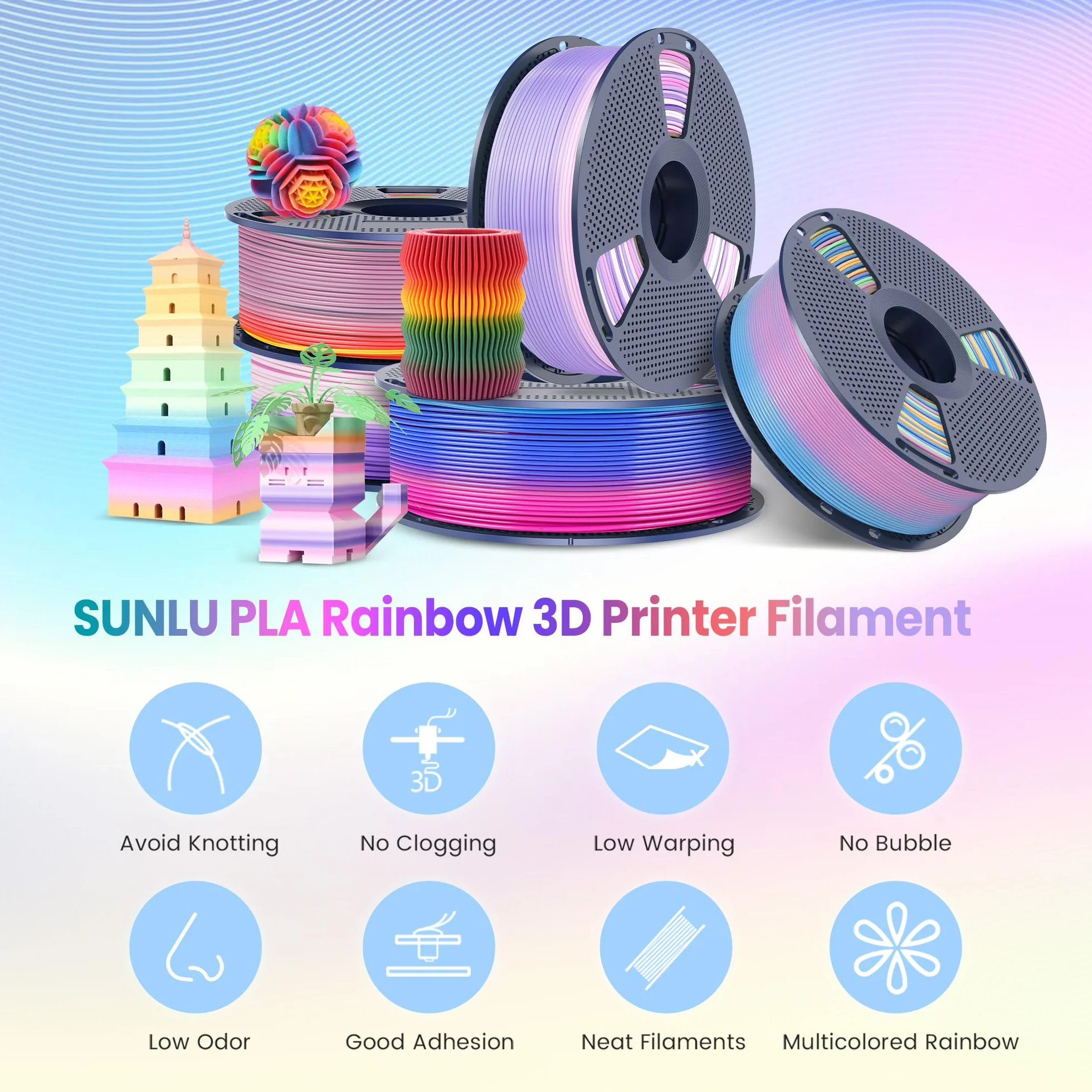 SUNLU Rainbow PLA Filament do drukarki, wielokolorowy, czysto nawinięty gradient PLA 3D, filament do drukarki 1,75 mm ± 0,02 mm, waga całkowita 4 kg, 1 kg na szpulę, 4 rolki.