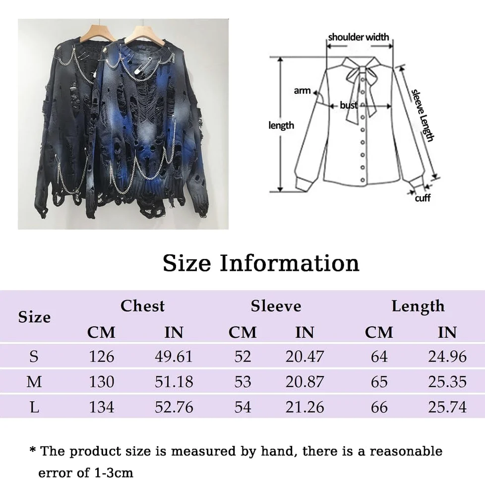 Damski gotycki sweter oversize z długim rękawem, wycięciami, okrągłym dekoltem, podarty sweter, bluza dziergana