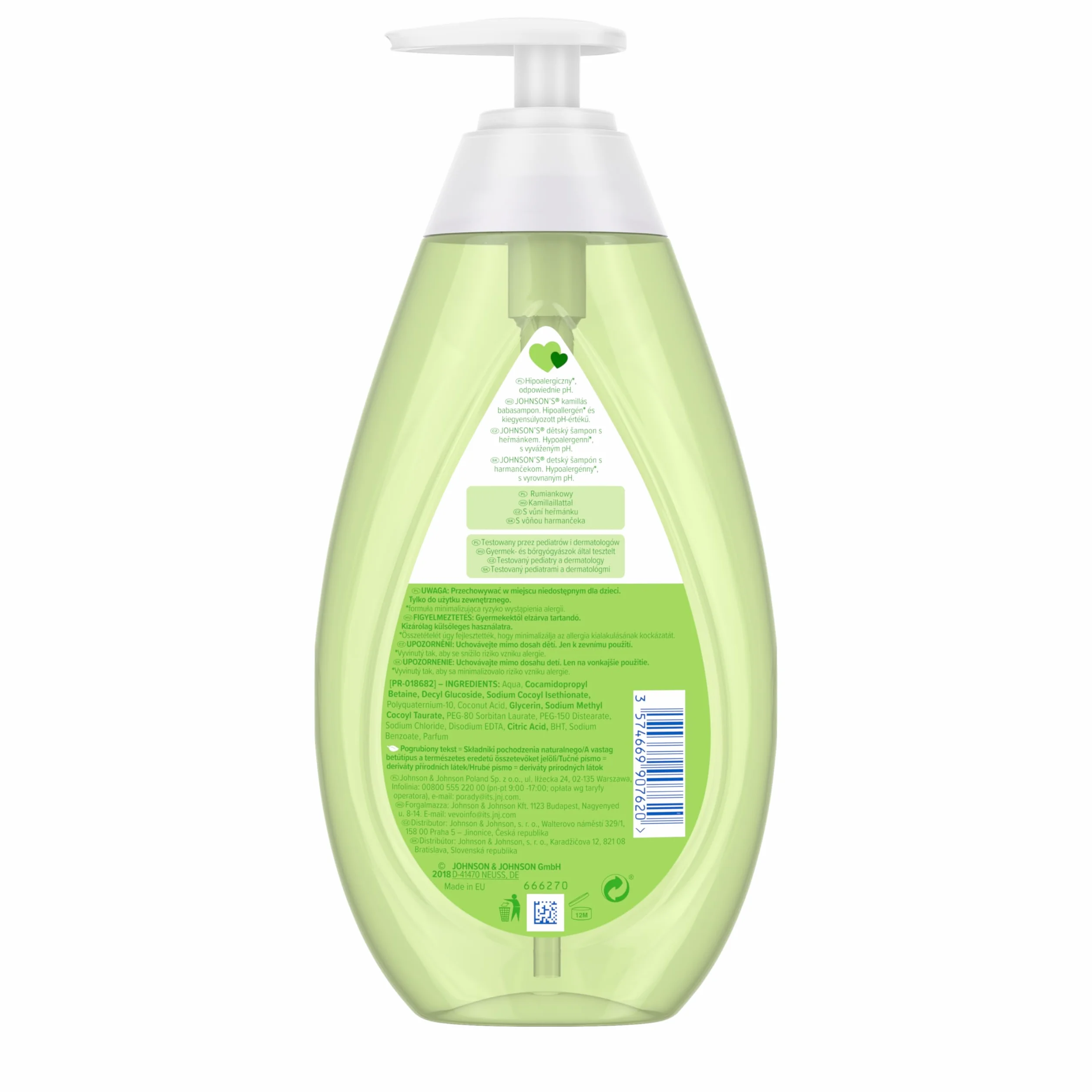 Johnson's szampon rumiankowy 500 ml, Szampon rumiankowy delikatnie oczyszcza włosy i skórę głowy. Sprawia, że włosy są lekkie, miękkie i wyglądają zdrowo.
