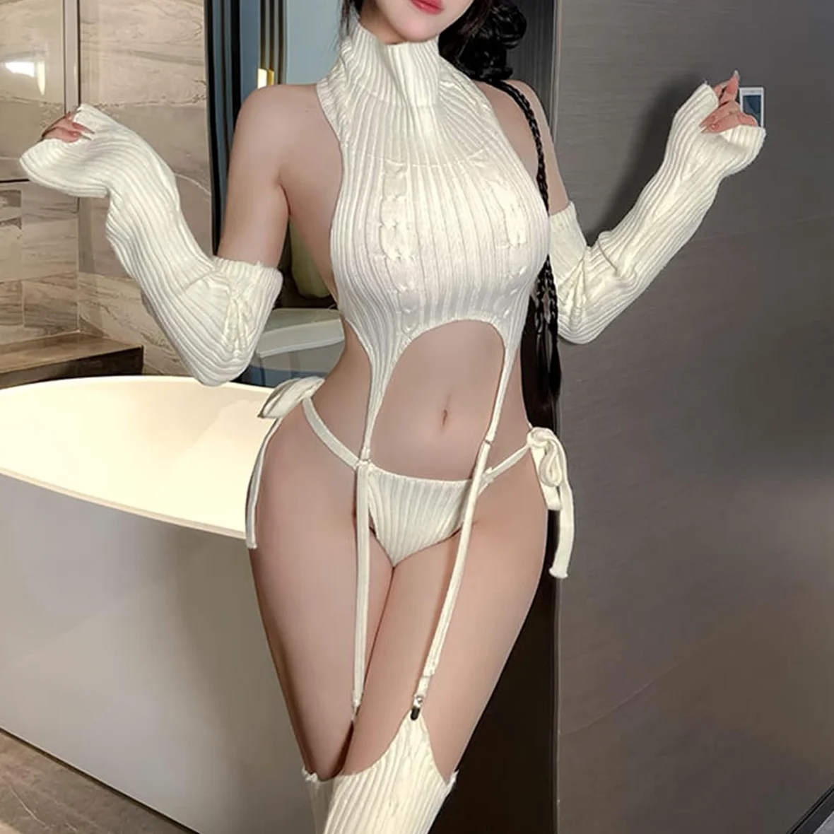 Panna zabójca sweter, japoński, seksowny, cosplay, zestaw podwiązek, bielizna, pończochy, crop top, majtki, body dla kobiet