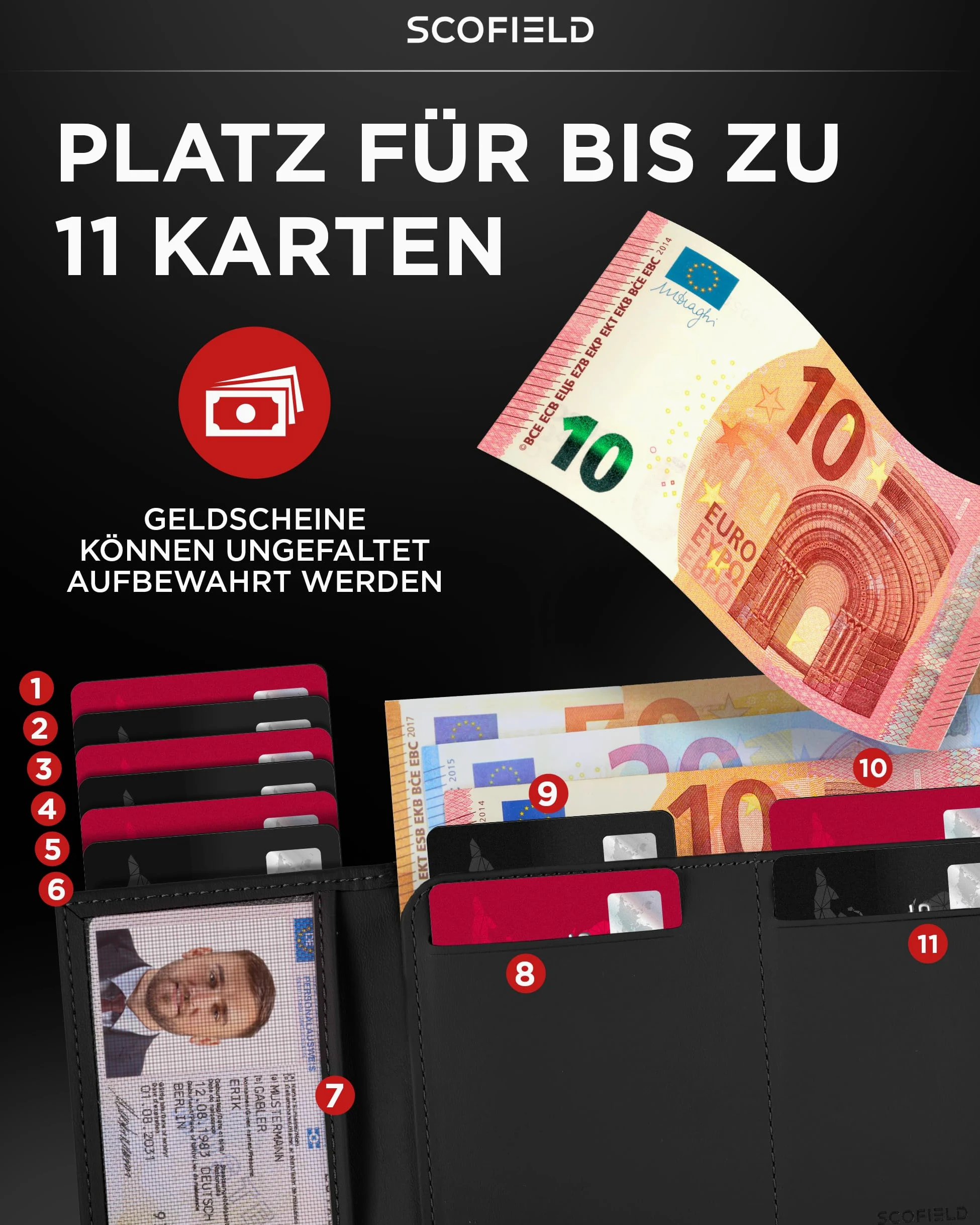 SF SCOFIELD Trinity wąski portfel z przegródką na monety, wysokiej jakości etui na karty kredytowe na 10-12 kart, ochrona RFID, portfele dla mężczyzn, inteligentny portfel, Münzfach Max