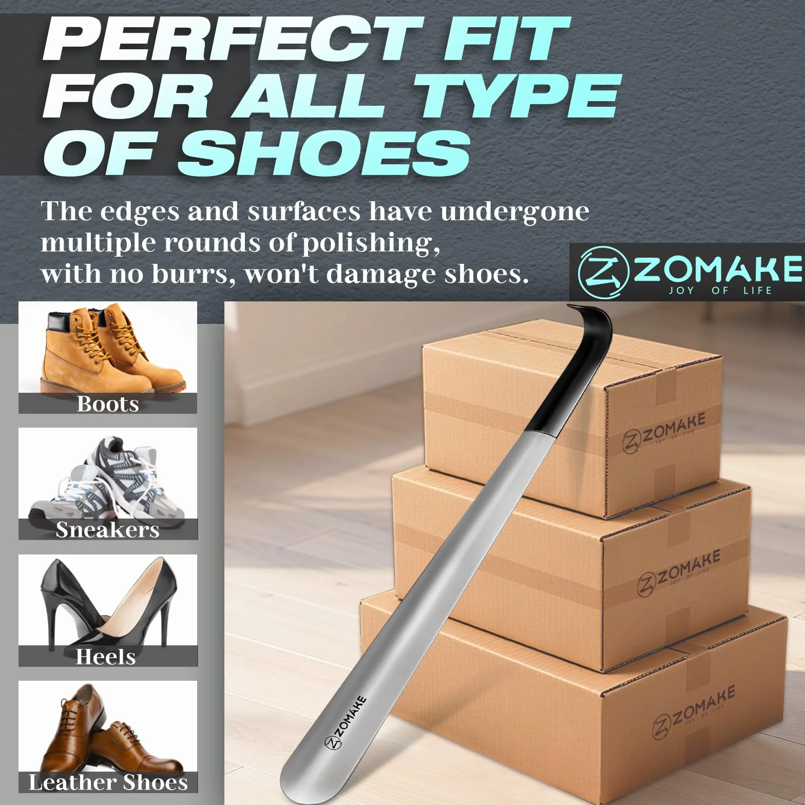 ZOMAKE Łyżka Do Butów Metalowa Długa 2Szt,Długa Łyżka Do Buty Ze Stali Nierdzewnej 42cm - Srebrna Łyżka Do Stóp Długa Stajnia Z Gumowym Pokrowcem Dla Seniorów (42cm 2Szt)
