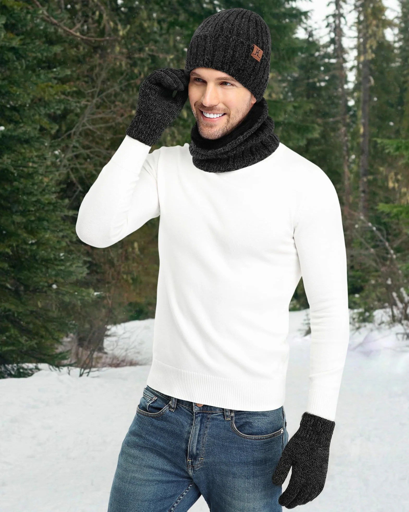 ZASFOU Męska zimowa czapka beanie, szalik, ekran dotykowy, zestaw rękawiczek, ciepła czapka zimowa, czapka z dzianiny, szal kominowy, rękawiczki zimowe, prezent na Boże Narodzenie, dla mężczyzn