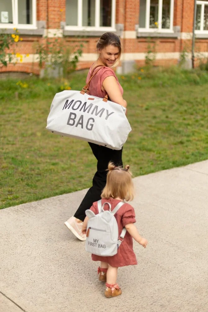 Childhome, Mommy Bag, torba na pieluchy, dla kobiet w ciąży, torba podróżna, duża pojemność, mata do przewijania, regulowany pasek na ramię, izolowana kieszeń, przejście na walizkę, szara koszulka