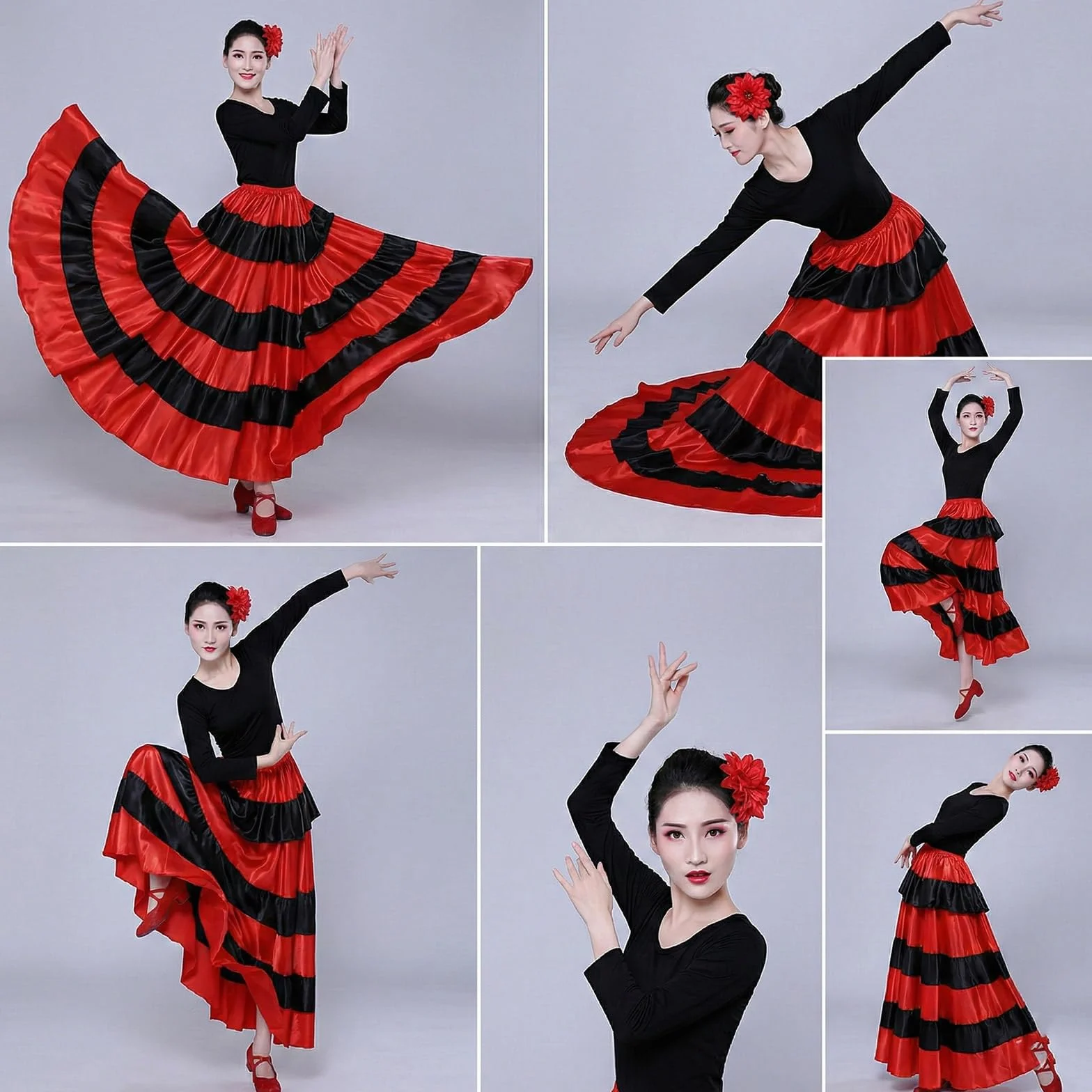 Damska czarna czerwona warstwowa długa spódnica do hiszpańskiego flamenco Meksyk Balet Folklorico spódnica do tańca brzucha długa spódnica flamenco hiszpański taniec duża huśtawka kostium na Halloween
