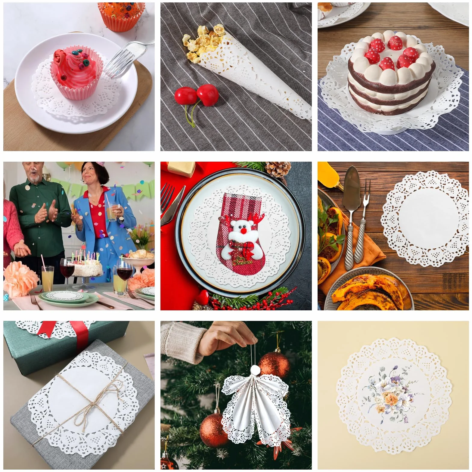oruola 100 szt. serwetki koronkowe, białe papierowe serwetki, jednorazowe papiery serwetki białe do tacek deserowych, opakowanie po 50 szt. po 11,4 cm, 21,6 cm, pieczone, grillowane, smażone jedzenie