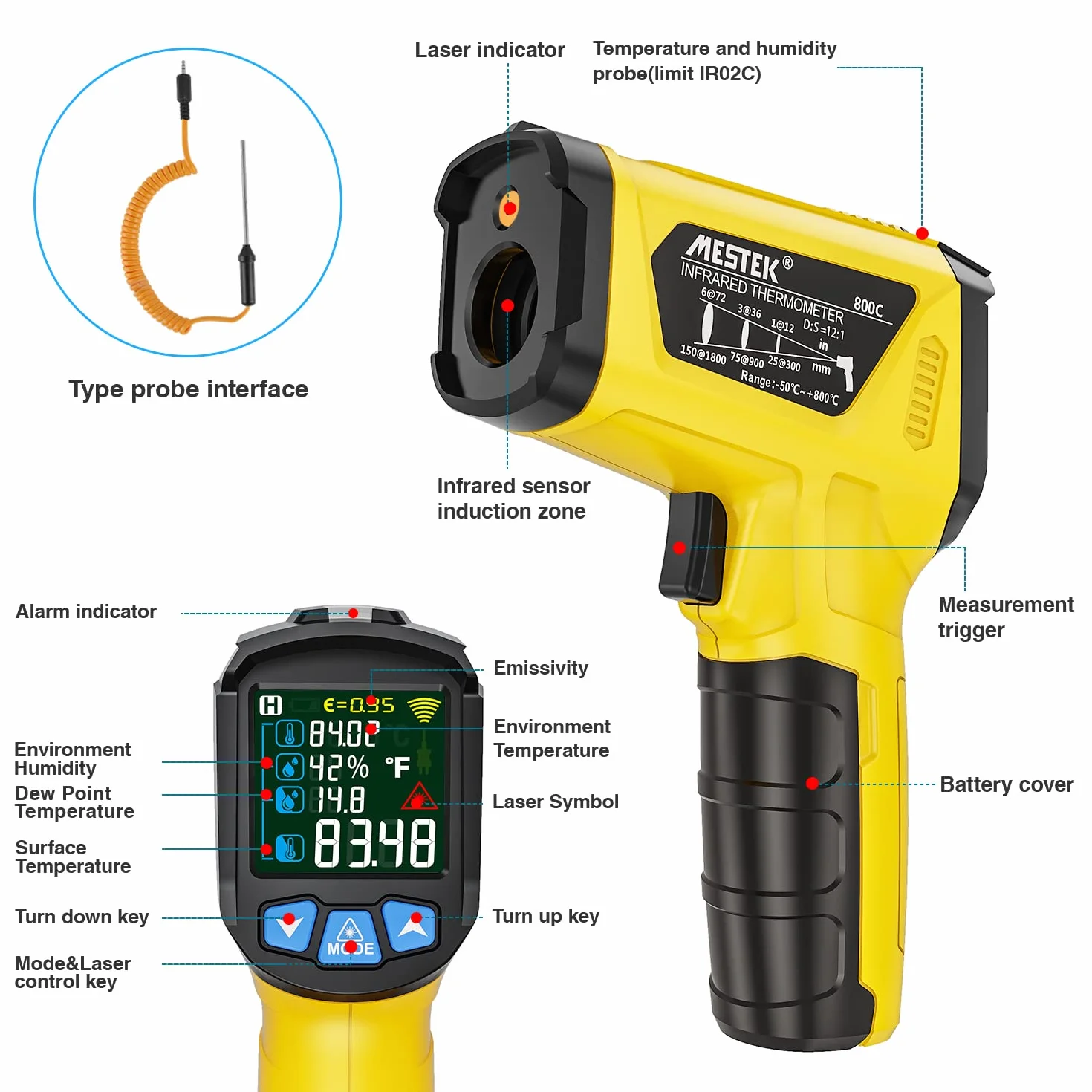 Termometr na Podczerwień Pistolet Cyfrowy Laserowy Temperaturowy z K-Sondą MESTEK Bezdotykowy Kolorowy Ekran LCD 50℃~800℃ Regulowana Emisyjność Wilgotność Gotowanie Piekarnik Grillowania Pizza Lodówka