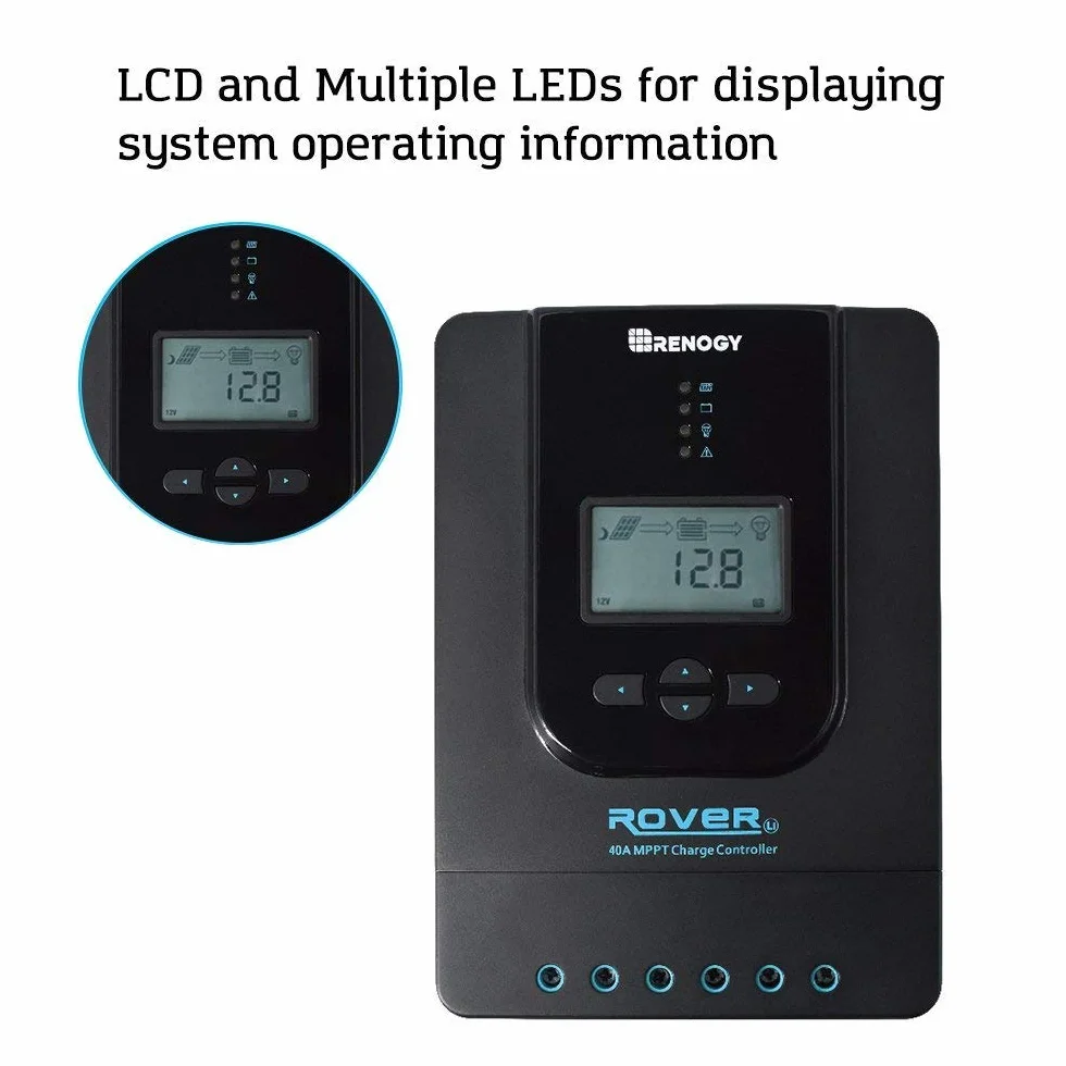 Renogy 40 A 12/24 V MPPT solarny regulator ładowania Bluetooth z ekranem LCD, do akumulatorów AGM, żelowych i litowych