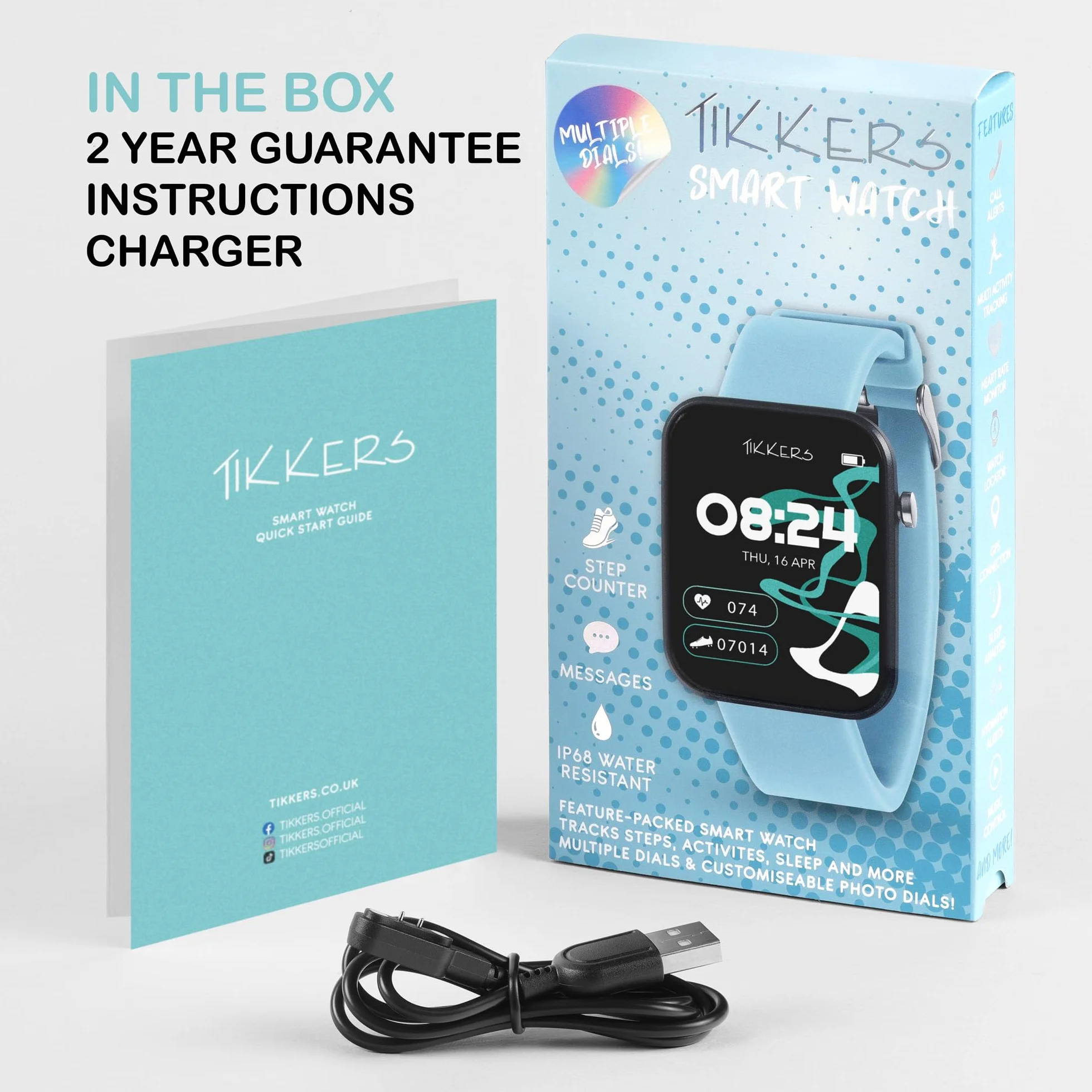 Tikkers Kids Series 13 Smart Watch z trackerem fitness, budzikiem, kamerą, połączeniem GPS, pulsometrem, licznikiem kroków, ekranem dotykowym, niebieskim paskiem silikonowym
