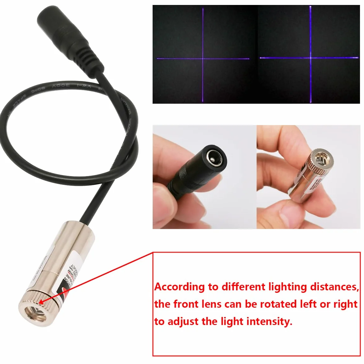 CTRICALVER Kit de módulo láser foco ajustável, Diodo módulo láser industrial 405 nm, 3-5V, Conector DC 2,1 mm + Kit fuente alimentación (Forma luz: Cruz morada)