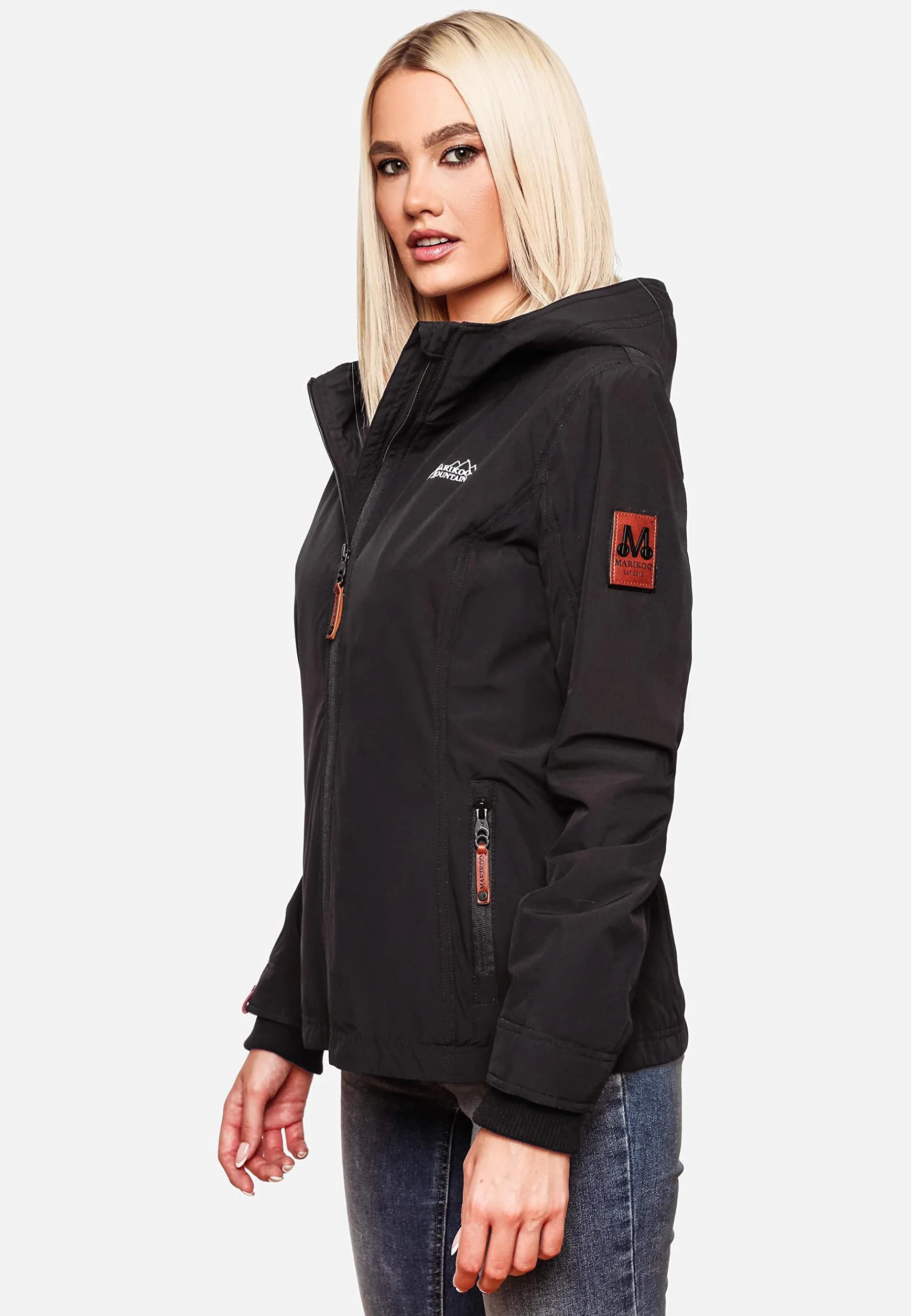 MARIKOO Lekko wyściełana damska kurtka przejściowa, krótka kurtka outdoorowa z podszewką z dżerseju i dużym kapturem, jeżyna, XS-XXL