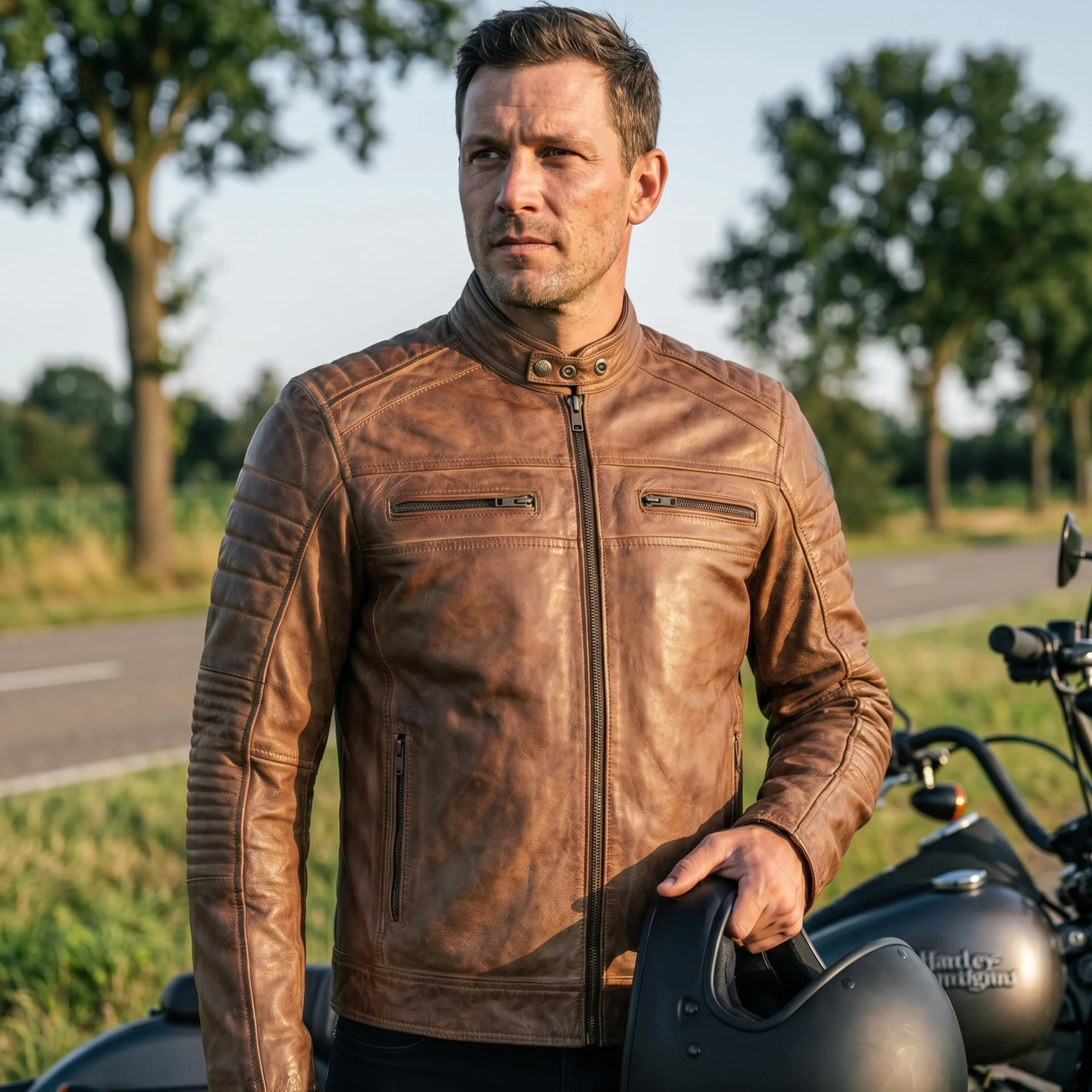 Leatherick Męska skórzana kurtka - postarzana brązowa skóra bydlęca styl retro vintage kurtka motocyklowa z wieloma kieszeniami