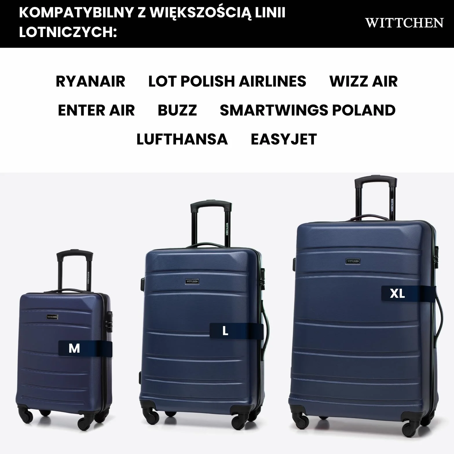 WITTCHEN Średni Wózek Walizka Podróżna z ABS - Twarda Skorupa, 4 Koła, Zamek Szyfrowy, Ciemnoniebieski 56-3A-652-90
