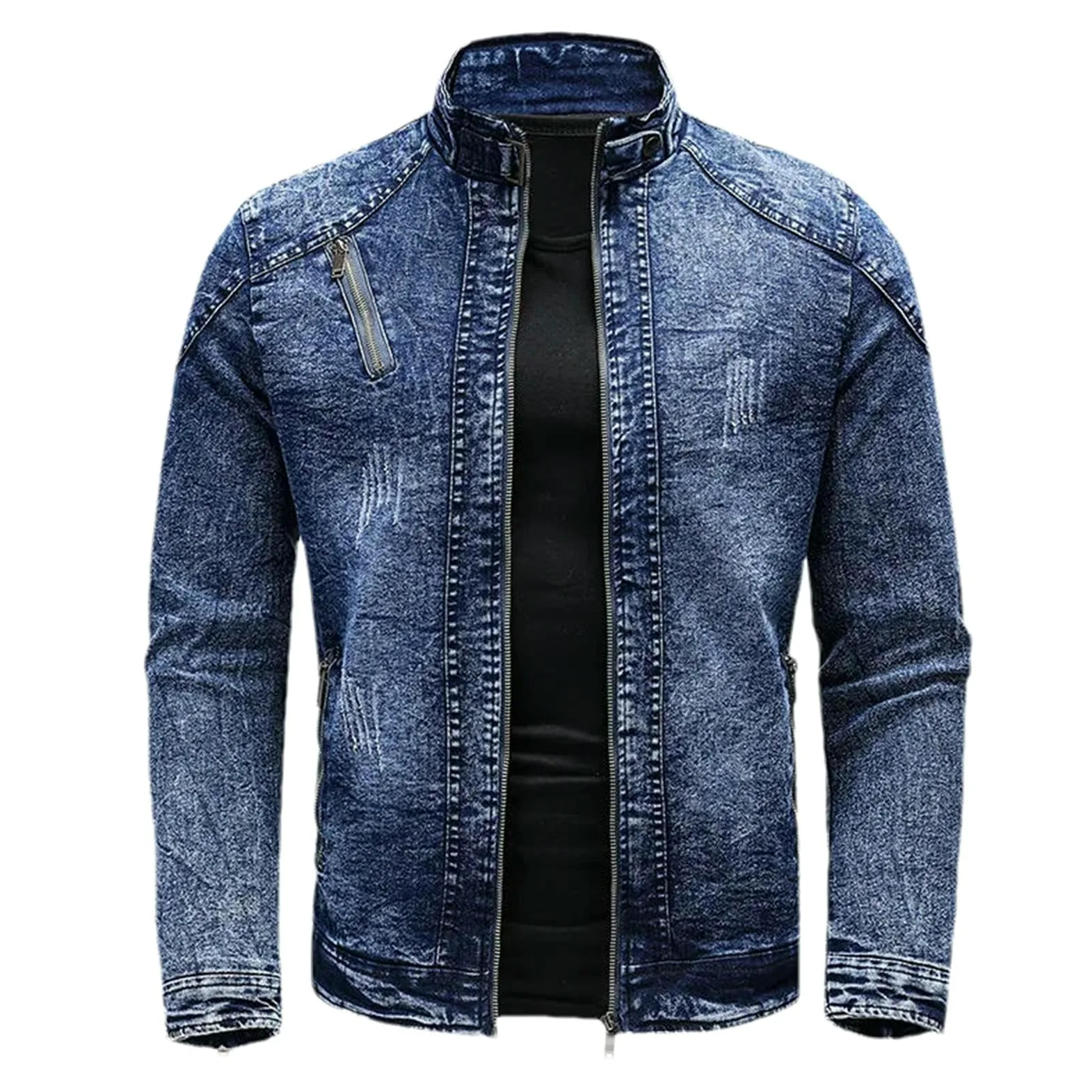 Kurtka dżinsowa męska retro zamki ze stójką dżinsowe płaszcze męskie bawełniane slim fit kurtka dżinsowa Moto Biker odzież wierzchnia