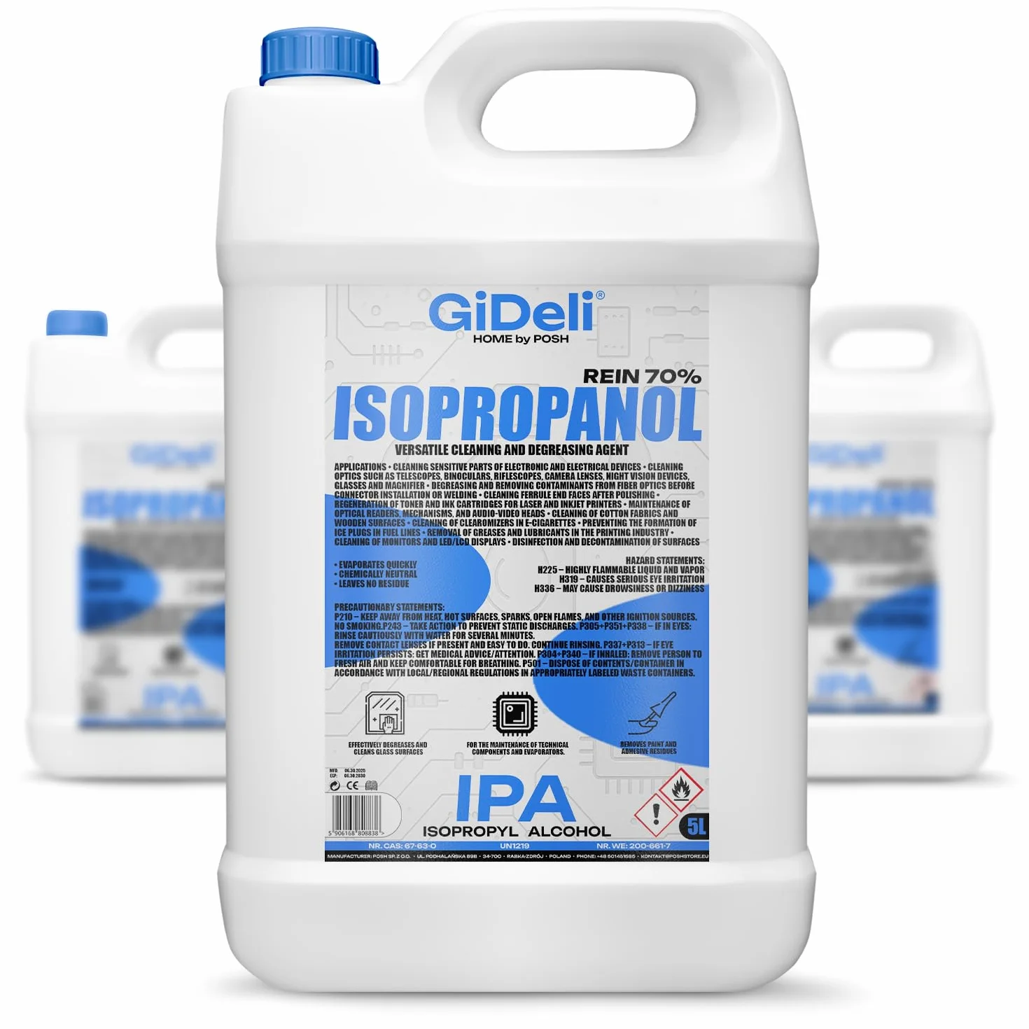 GiDeli Izopropanol 70% 3 x 5 l środek czyszczący wysokoprocentowy alkohol izopropylowy IPA do czyszczenia elementów elektronicznych, soczewek i ekranów