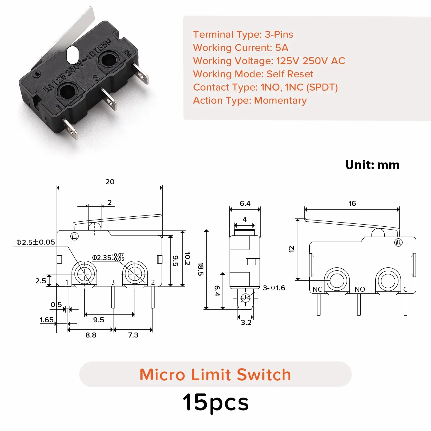 15 Sztuk Mini Mikrowyłącznik Krańcowy z Prostą Dźwignią Długie Ramię 16mm, 5A 125 250V AC SPDT 1NO 1NC Mikroprzełączniki Migowe, do Urządzeń Elektronicznych