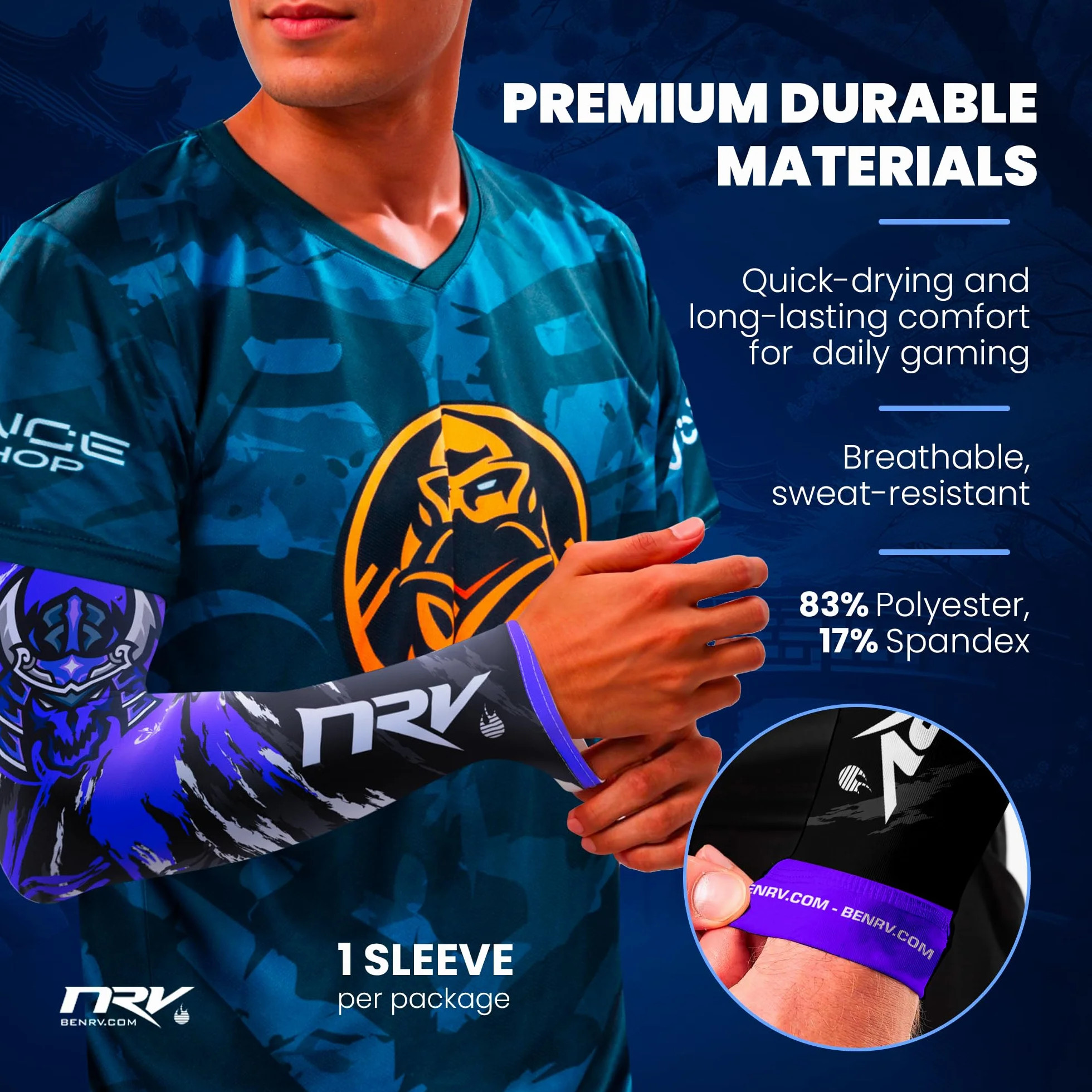 NRV Samurai Gaming Mankiet kompresyjny - Japoński design - antypoślizgowy, oddychający i nie cierny - do e-sportu i FPS
