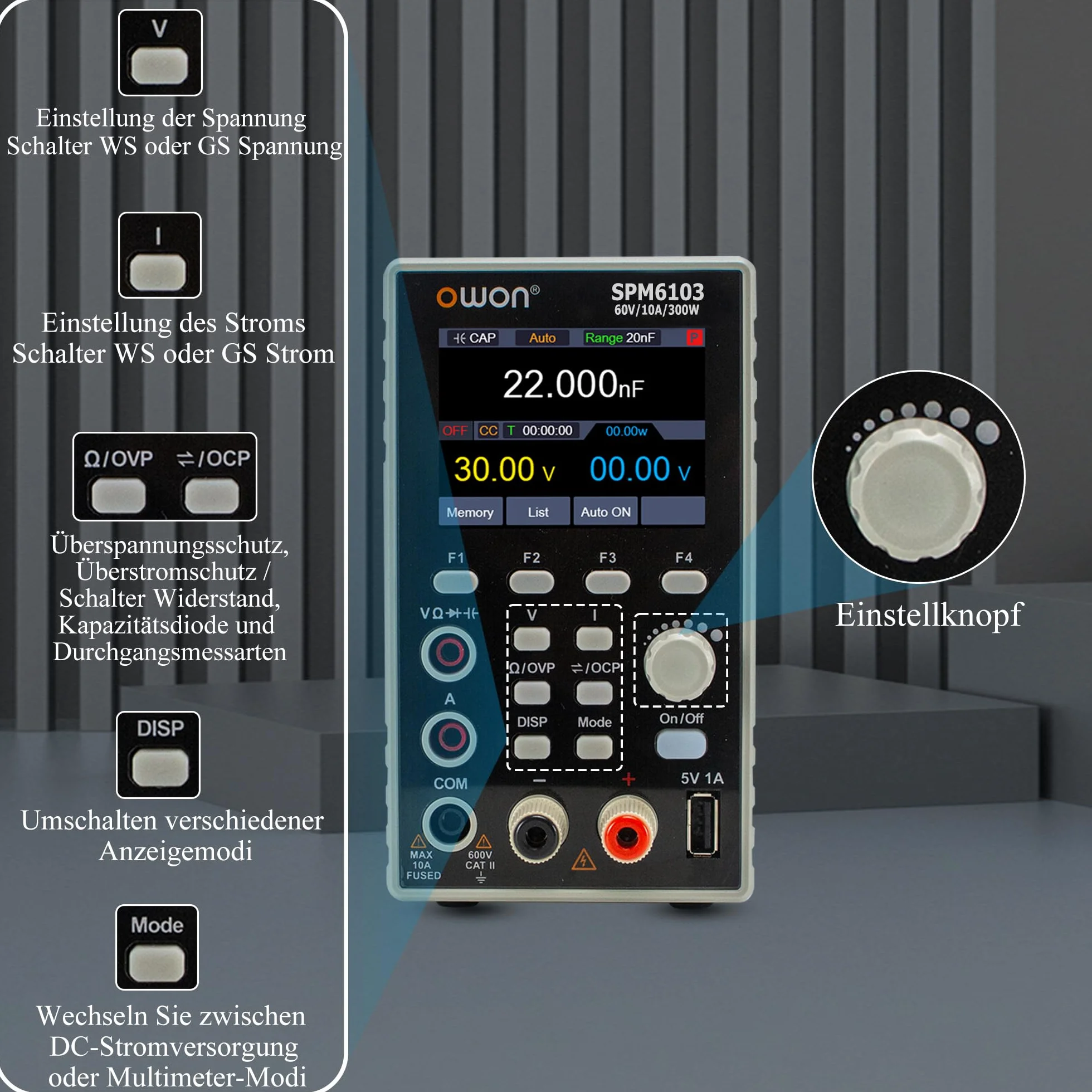 OWON Zasilanie DC Z Multimetrem 2 W 1, Moliwo Regulacji, Zasilanie Laboratoryjne, 10 MV/1 MA, Wysoka Rozdzielczo, 4 1/2 Cyfrowy Multimetr, Wywietlacz 2,8 Cala (300 W/60 V/10 A/SPM6103)