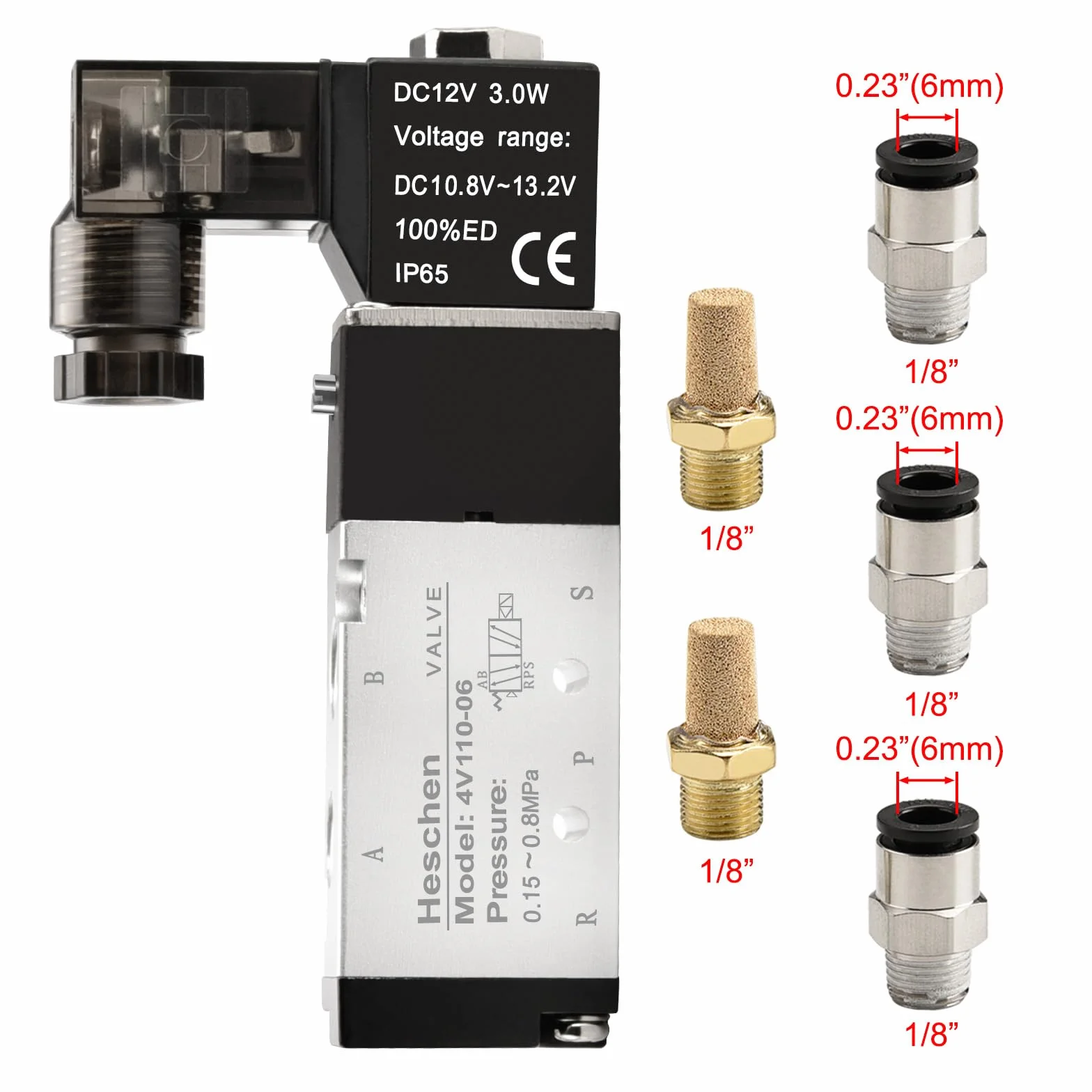 Heschen Elektryczny pneumatyczny zawór elektromagnetyczny 4V110-06 24VDC PT1/8 5-drożny 2-pozycyjny pojedynczy cewka sterowany pilotem elektryczny CE ze złączkami i tłumikiem (24 V DC)