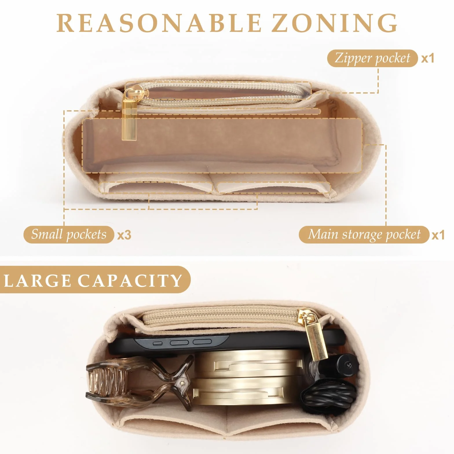 Organizer do torebki Longchamp Le Pliage Mini, z filcu, z wielofunkcyjnymi kieszeniami, duża pojemność