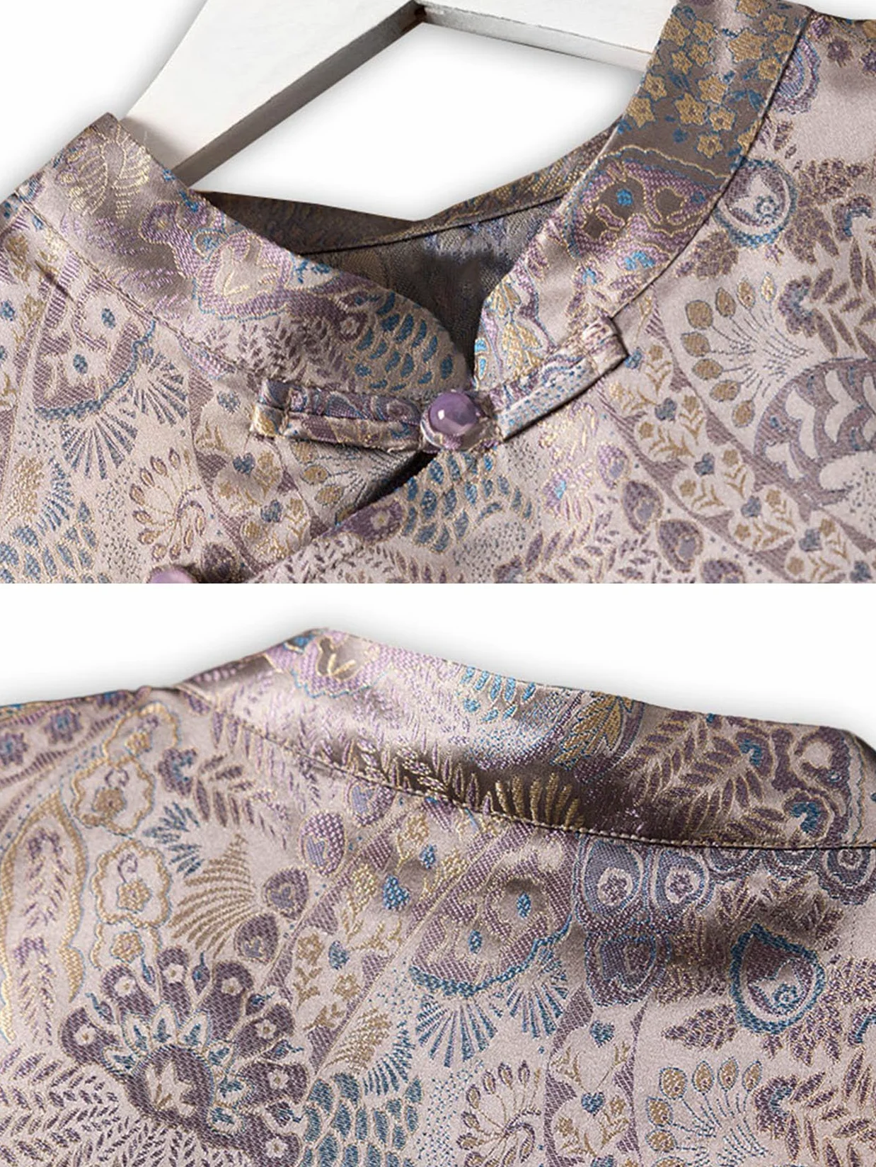 HangErFeng Damska jedwabna bluzka piosenka brokat ogon feniks paisley czapka rękaw asymetryczny top lawendowy szary 638