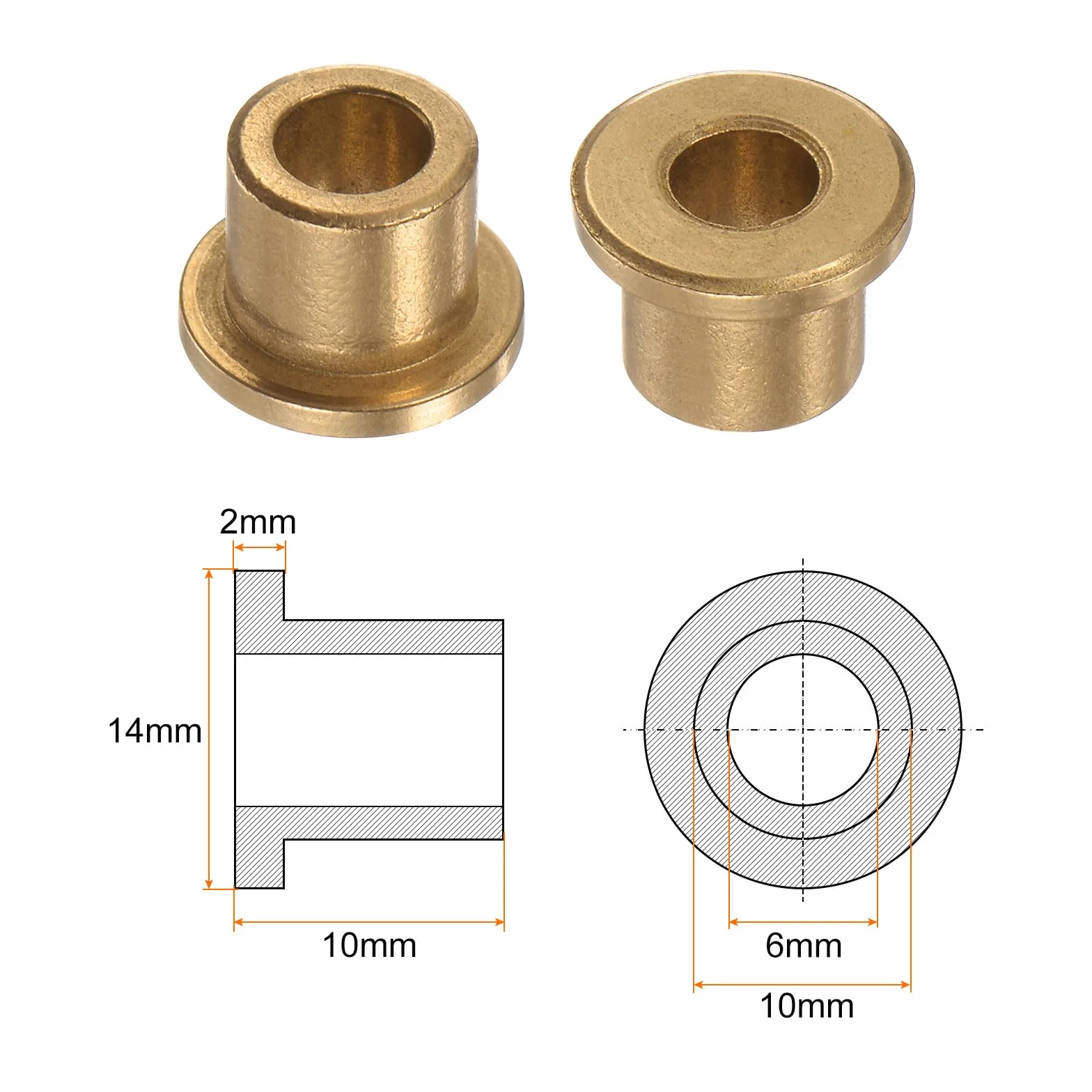 QUARKZMAN 6 szt. tuleja łożyska kołnierzowego 6 mm otwór 10 mm AD 10 mm długość 2 mm kołnierz grubość brązu tuleja samosmarujące tuleje ślizgowe tuleja do instalacji przemysłowych