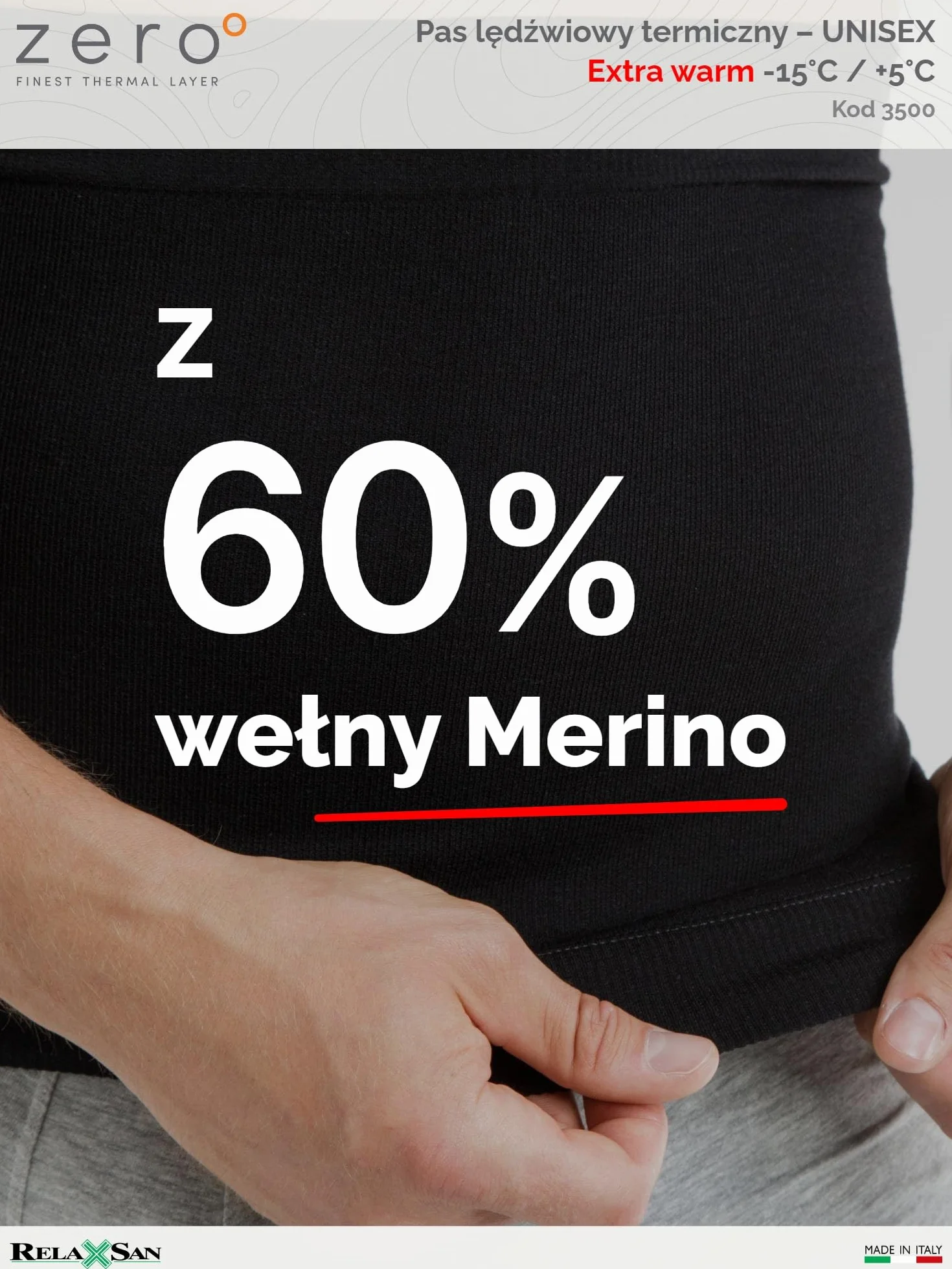 Relaxsan Zero 3500 Termoaktywny Pas Lędźwiowy Unisex Ciepły Miękki Wełna Merynosowa