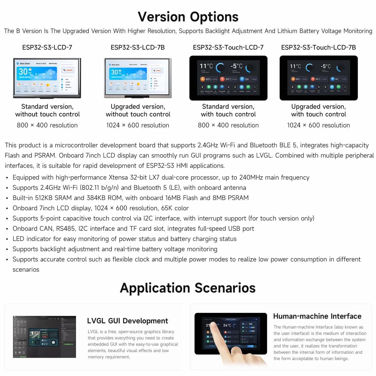 Waveshare ESP32-S3 Display 7inch LCD Development Board, 1024x600 Resolution, 32-bit LX7 Dual-Core Processor 240MHz, Wi-Fi & BT Support, Onboard Antenna, with Touch